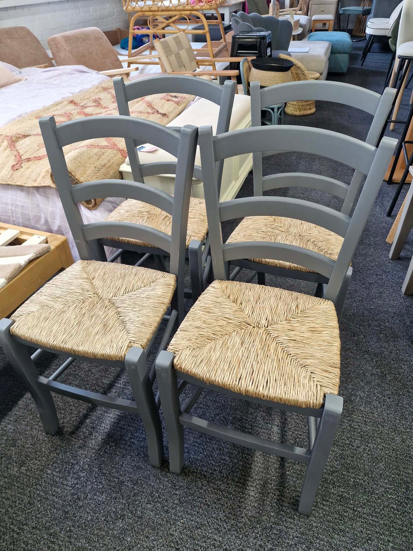 Solid Wood  Dining Chairs Set of 4 / Dark Grey and  Jute / Straw Farmhouse Style