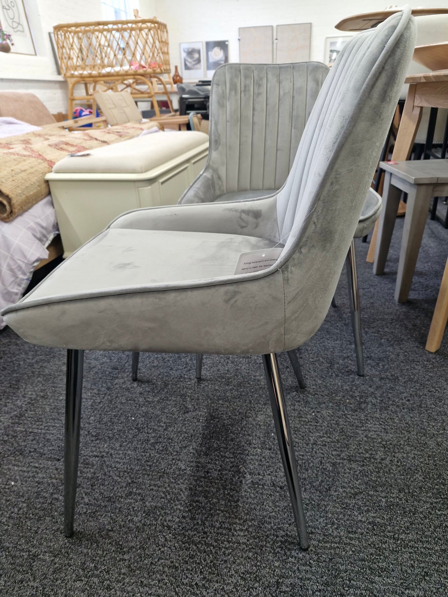Grey Velvet and Chrome Metal Legs / Set of 2 dining chairs