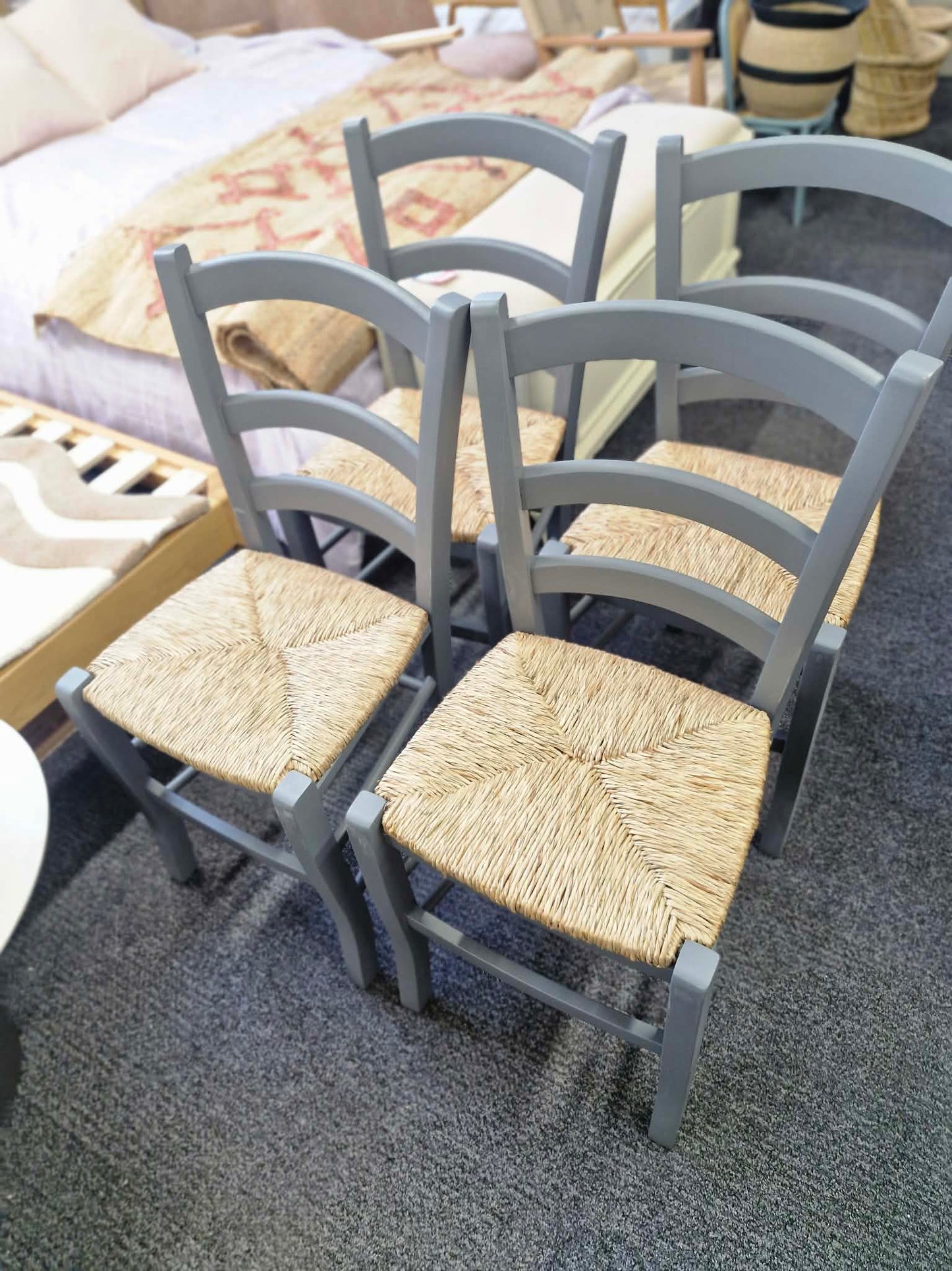 Solid Wood  Dining Chairs Set of 4 / Dark Grey and  Jute / Straw Farmhouse Style