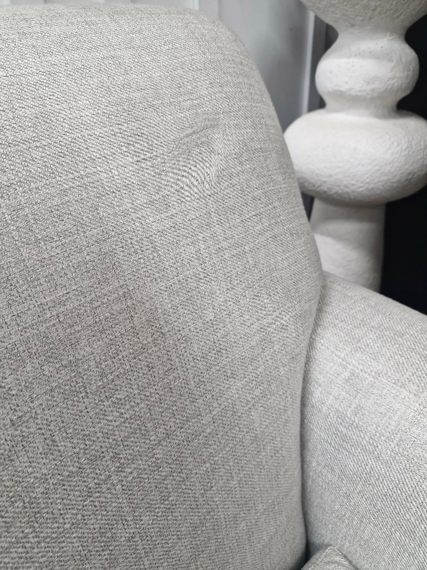 Light Grey Armchair with classic scroll arm and light wood legs / John Lewis Scroll II