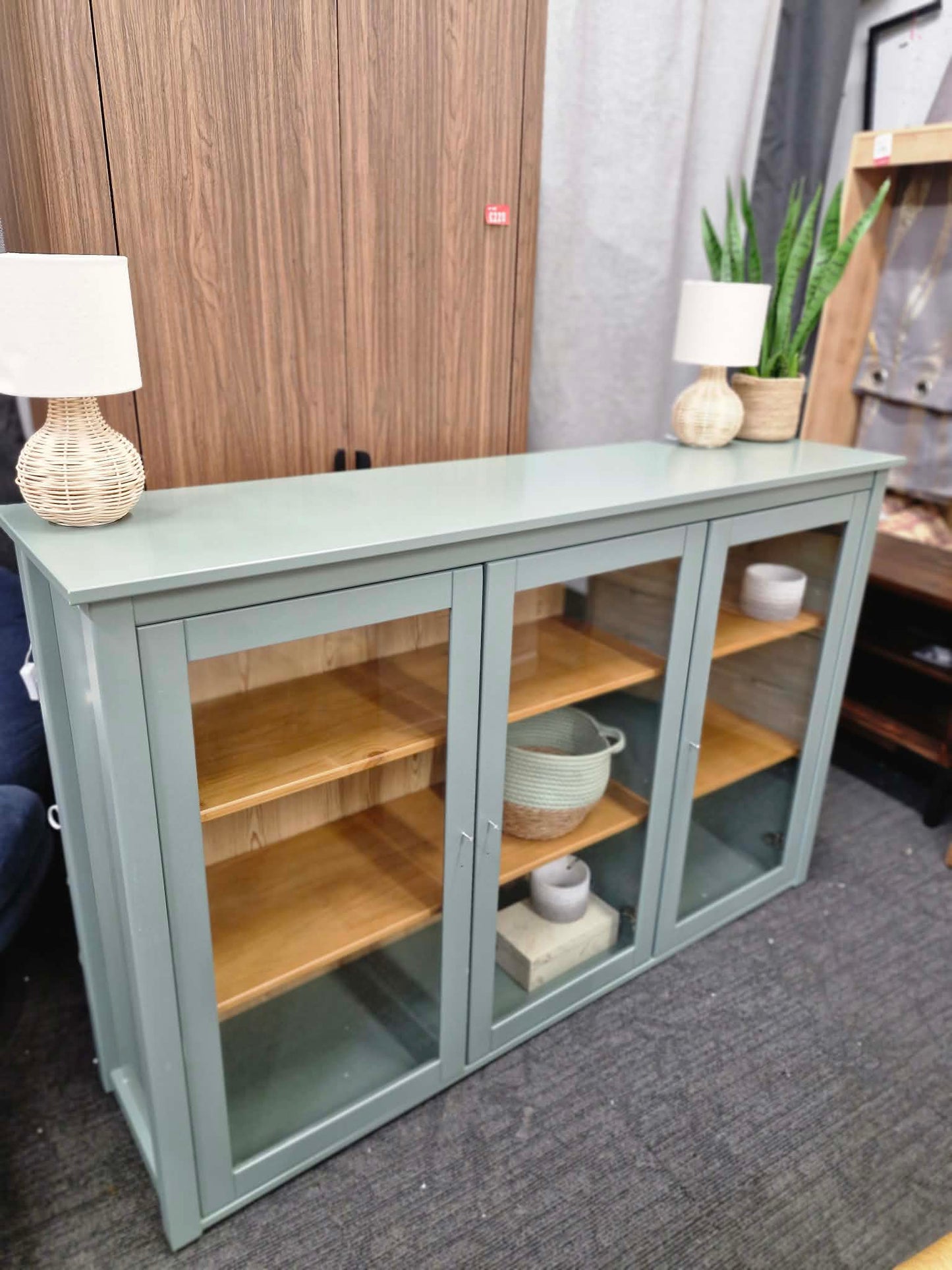 Green and Wood Low Display Cabinet with glass doors / Sideboard