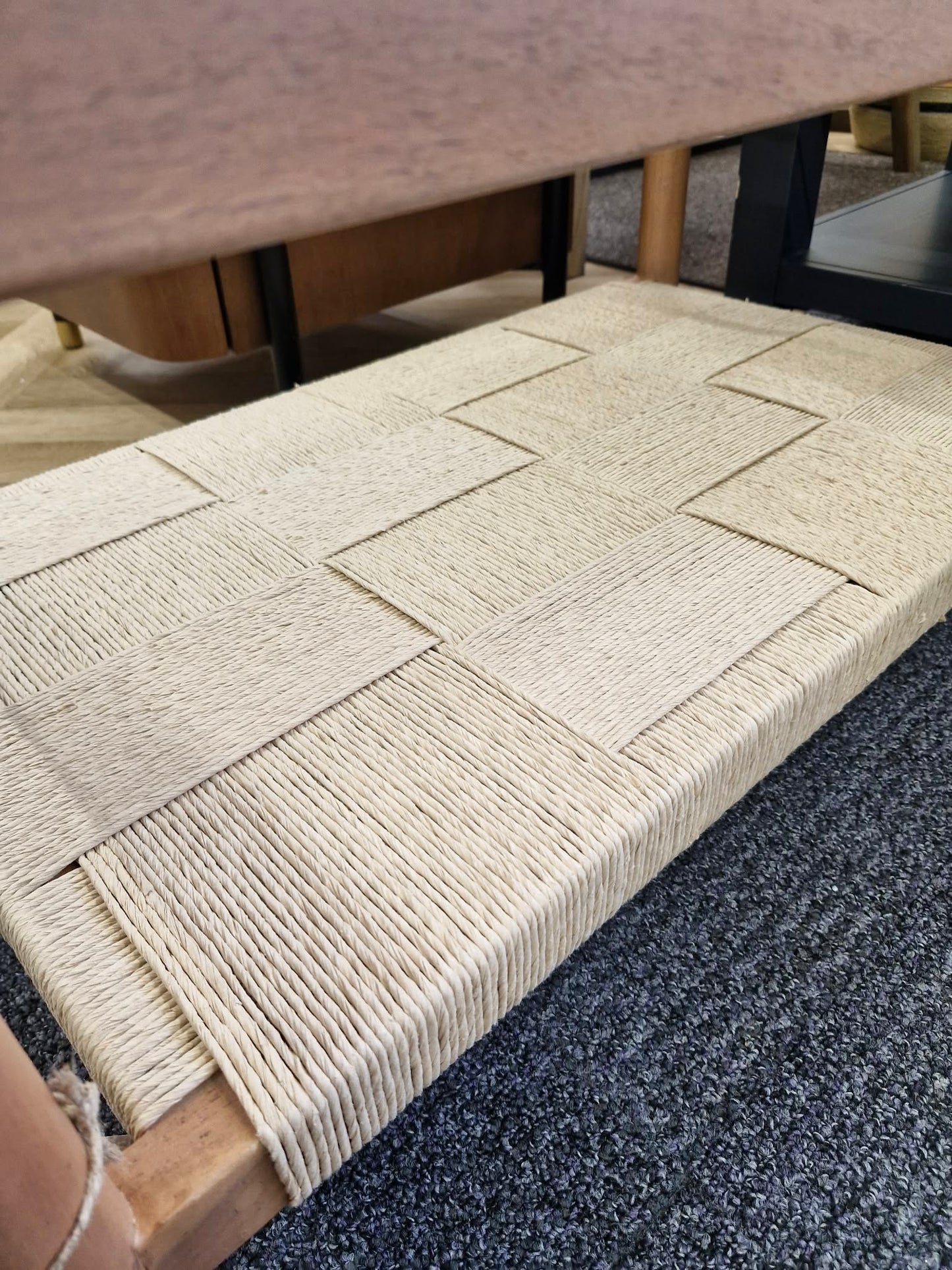 Solid Wood, Glass and Woven Rope Coffee Table with Storage Shelf