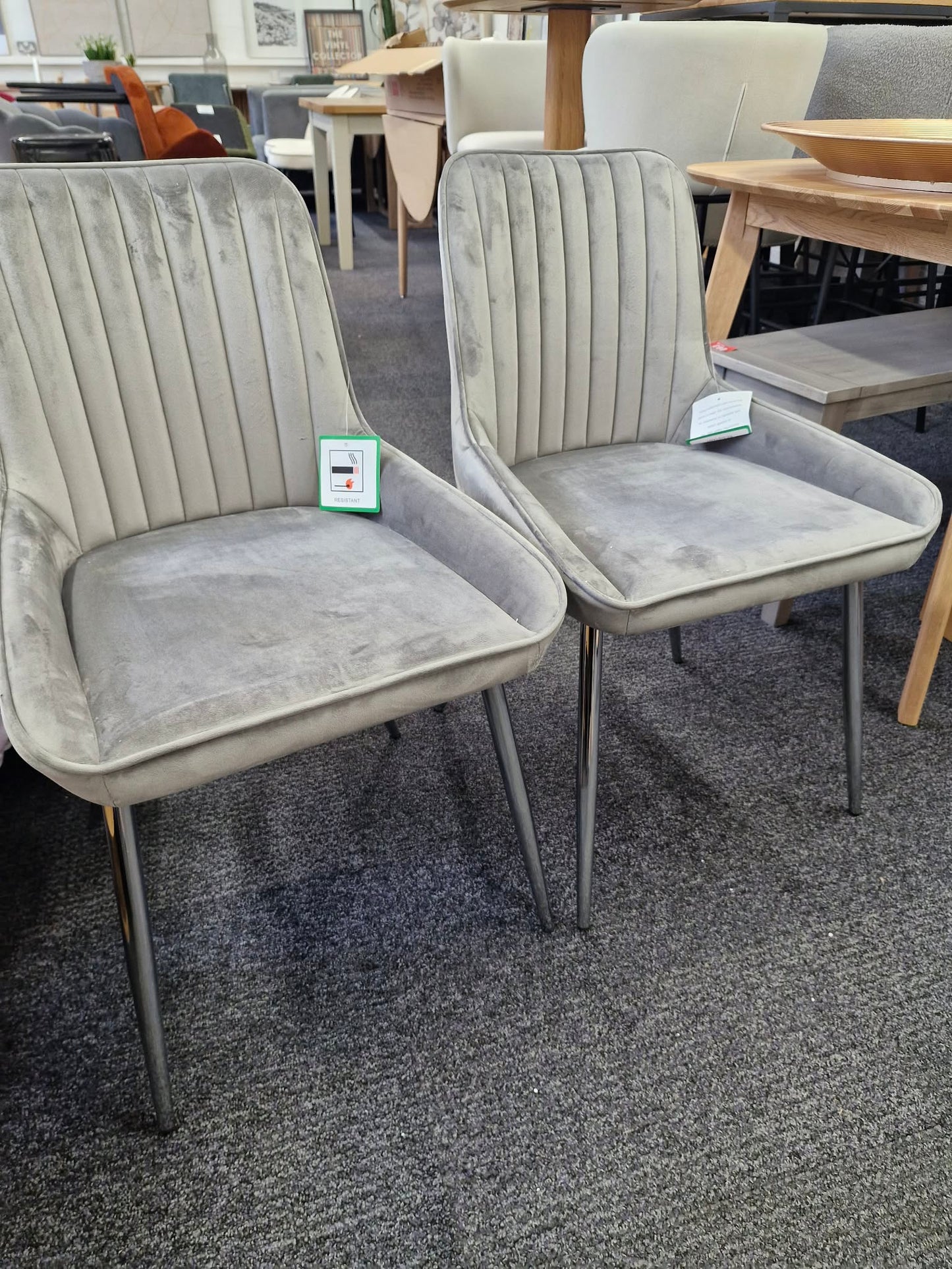 Grey Velvet and Chrome Metal Legs / Set of 2 dining chairs