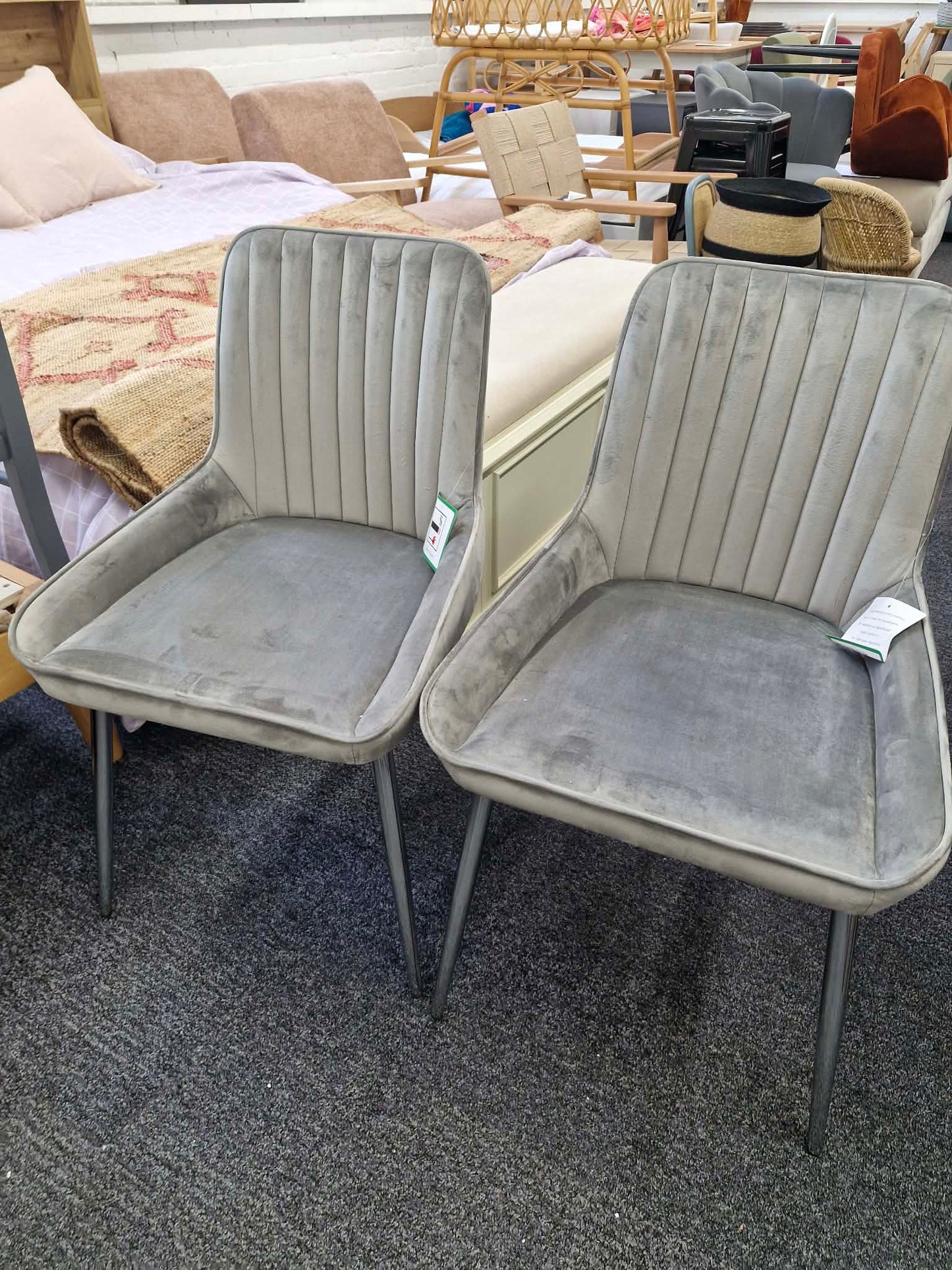 Grey Velvet and Chrome Metal Legs / Set of 2 dining chairs