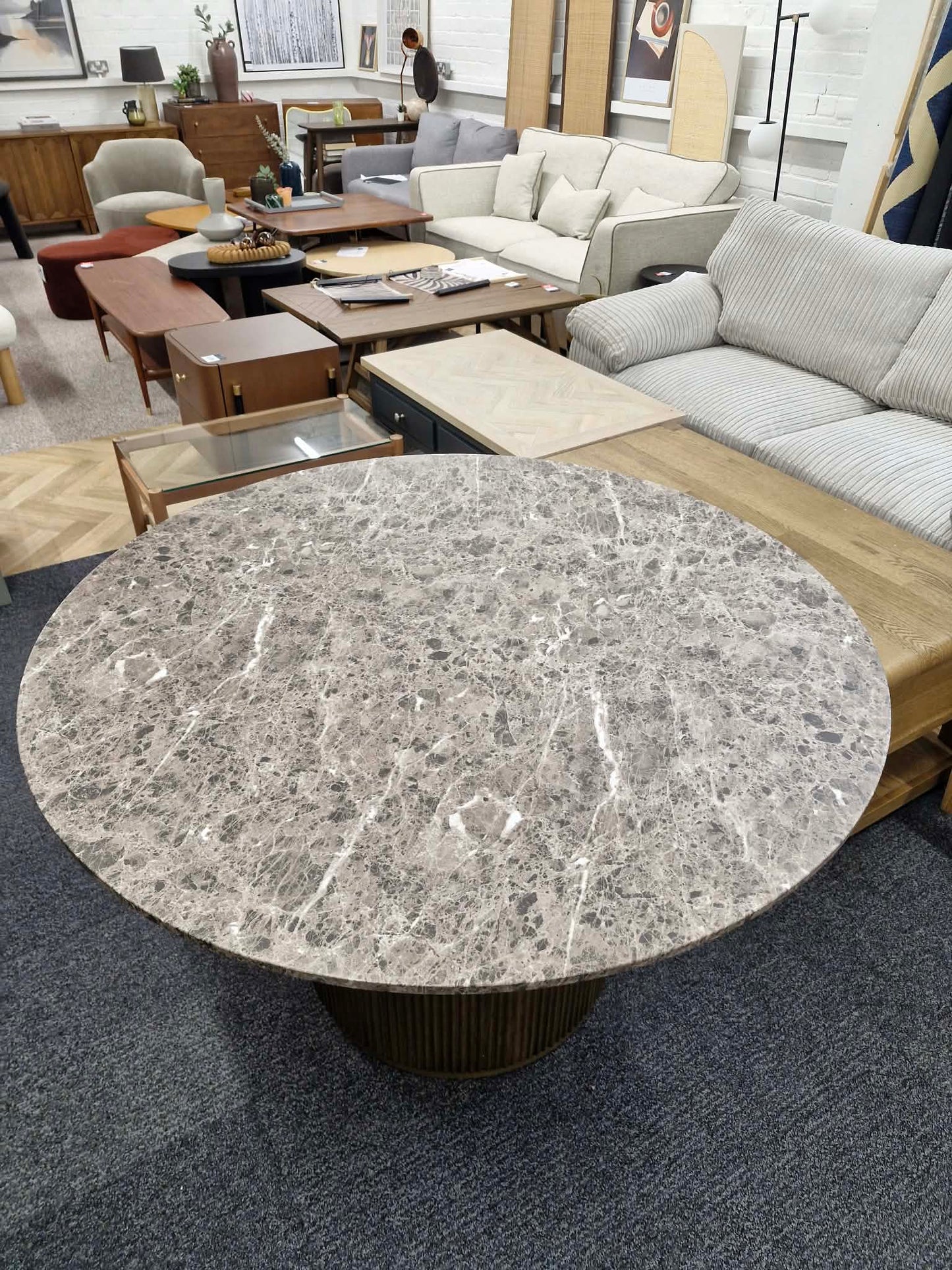 Round Brown Marble Look and Ribbed Base Dining Table