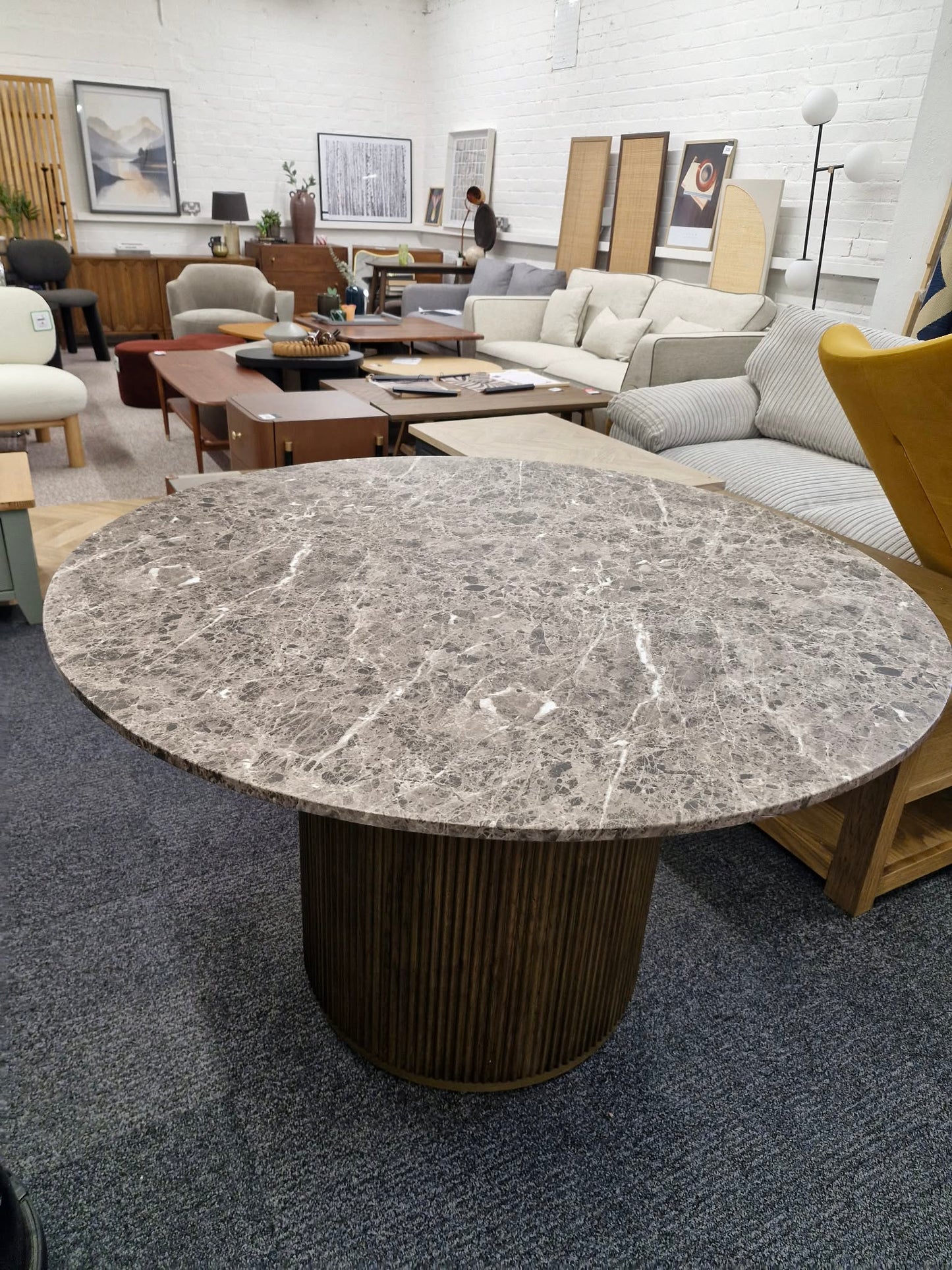 Round Brown Marble Look and Ribbed Base Dining Table