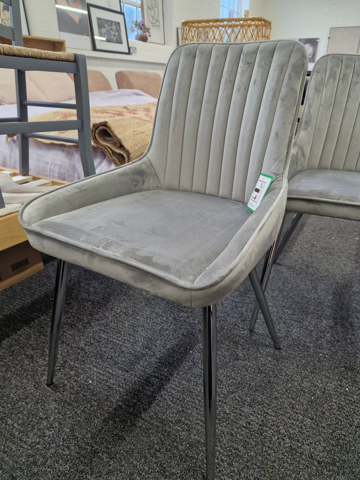 Grey Velvet and Chrome Metal Legs / Set of 2 dining chairs