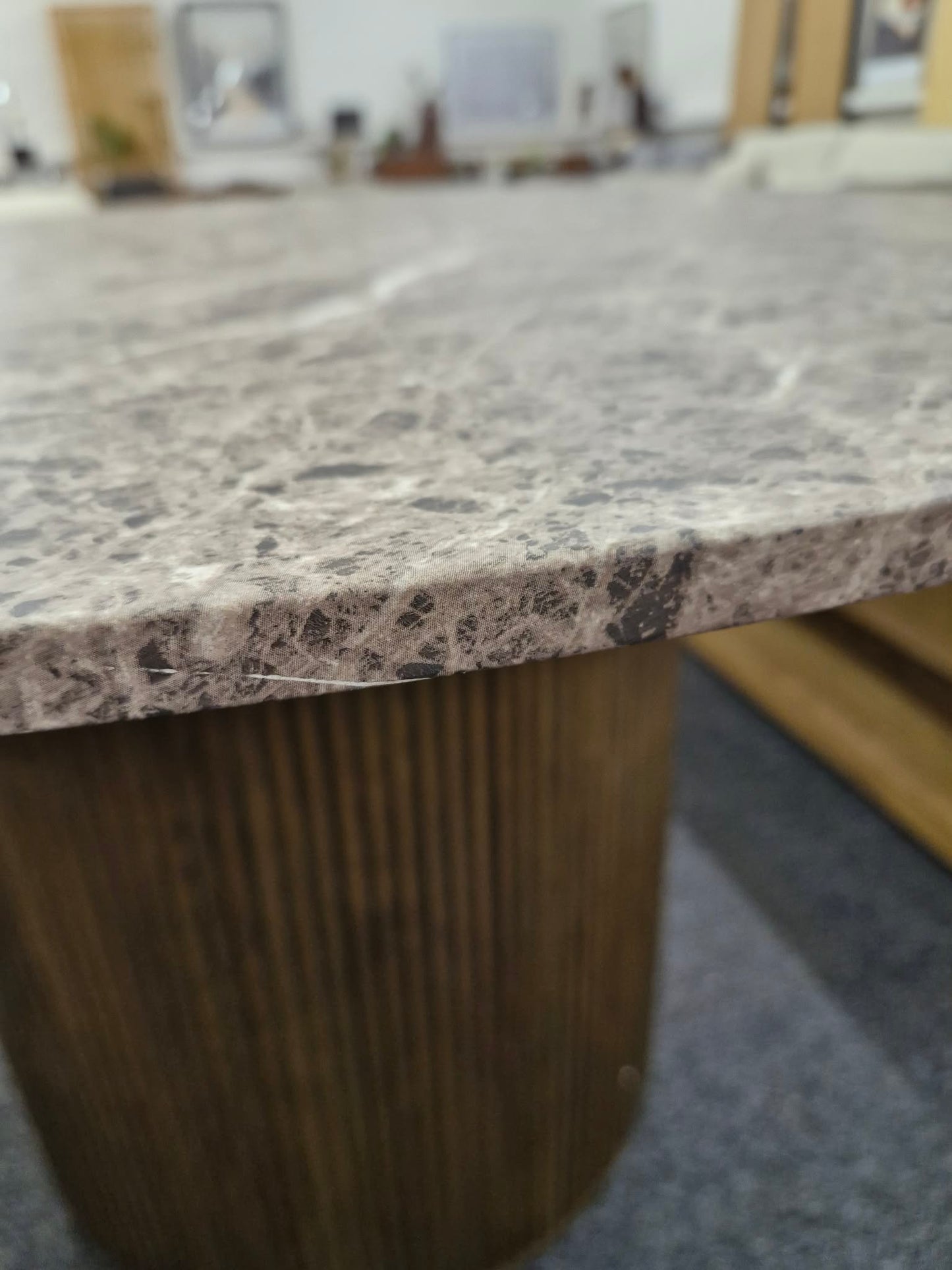 Round Brown Marble Look and Ribbed Base Dining Table