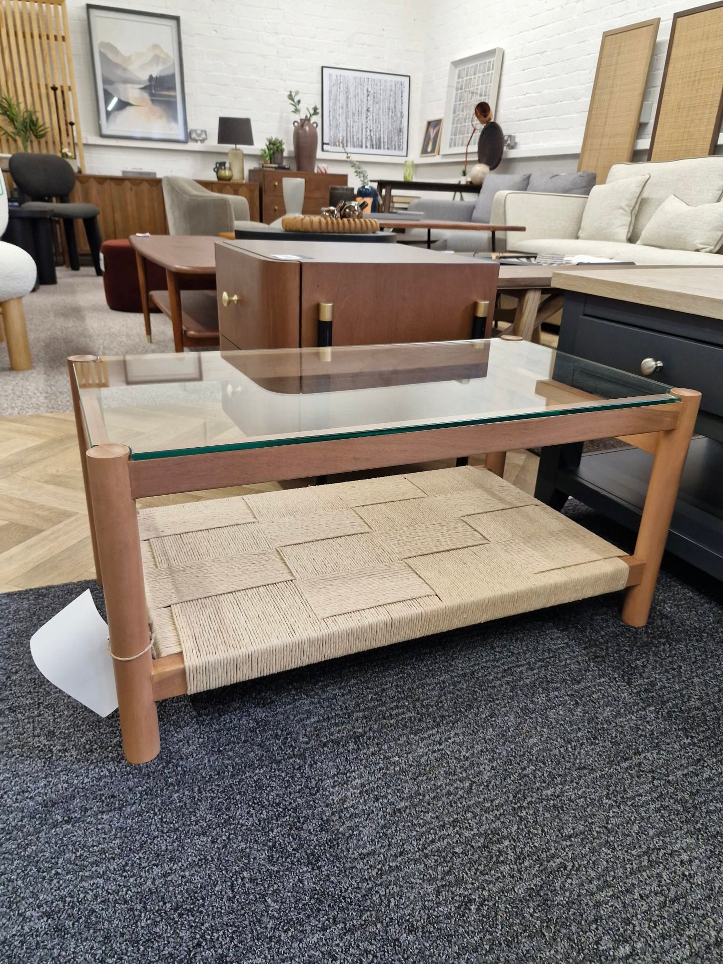 Solid Wood, Glass and Woven Rope Coffee Table with Storage Shelf