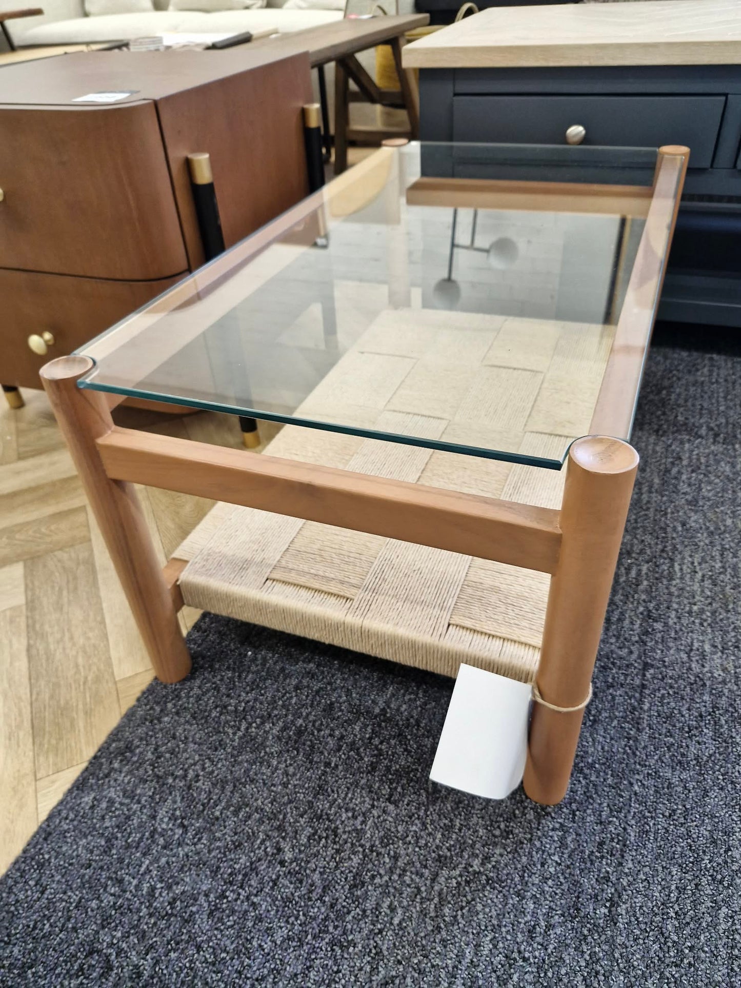 Solid Wood, Glass and Woven Rope Coffee Table with Storage Shelf