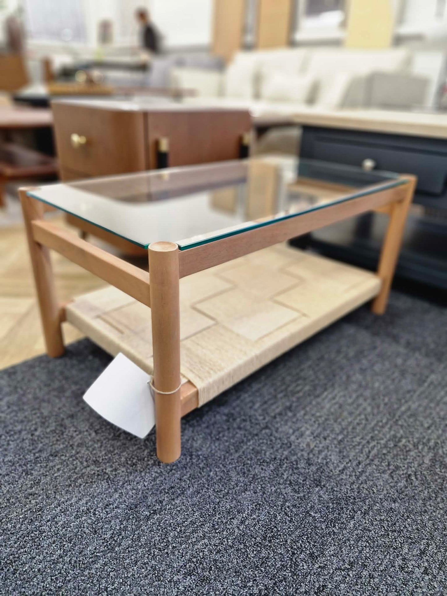 Solid Wood, Glass and Woven Rope Coffee Table with Storage Shelf