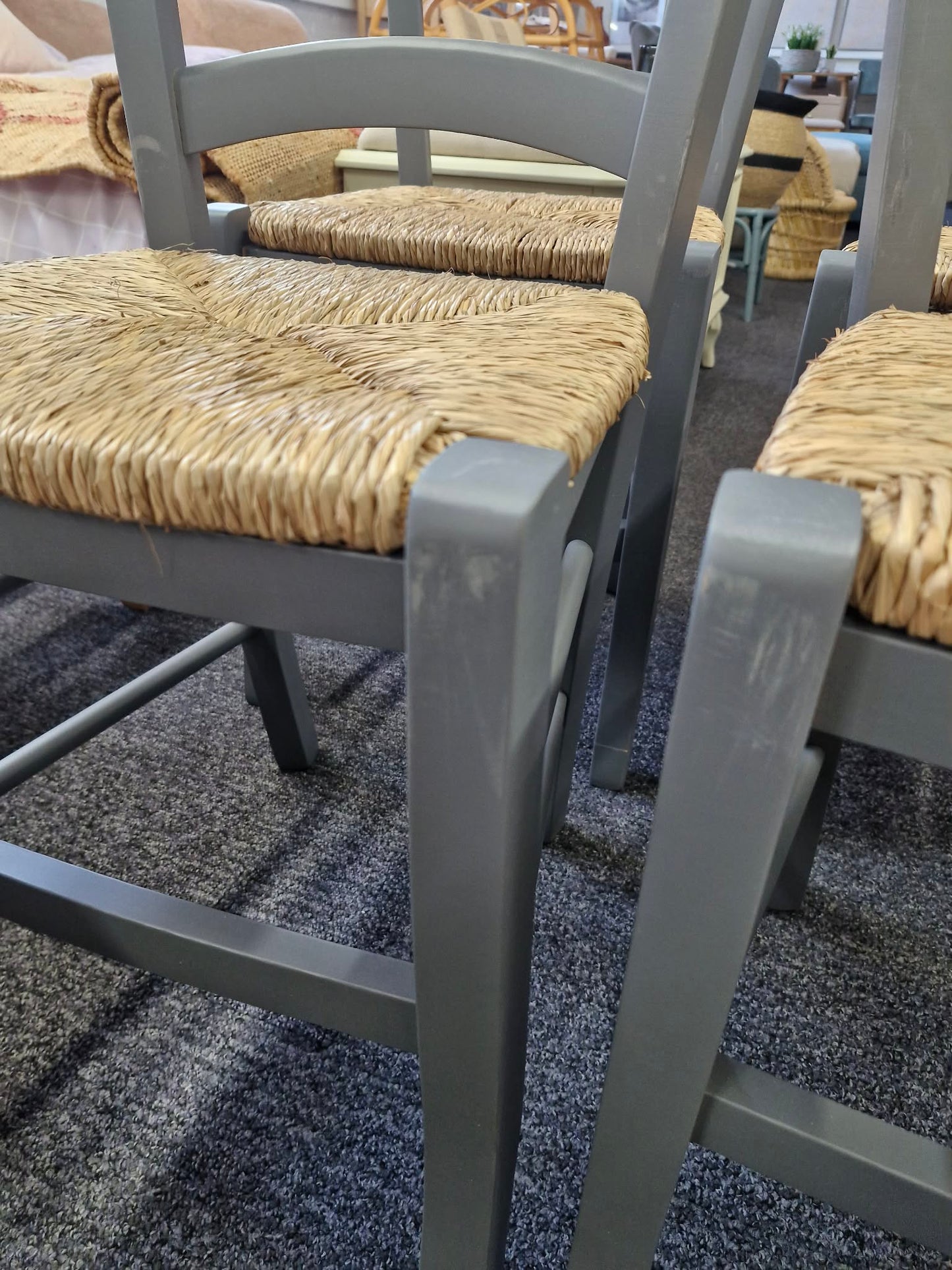 Solid Wood  Dining Chairs Set of 4 / Dark Grey and  Jute / Straw Farmhouse Style