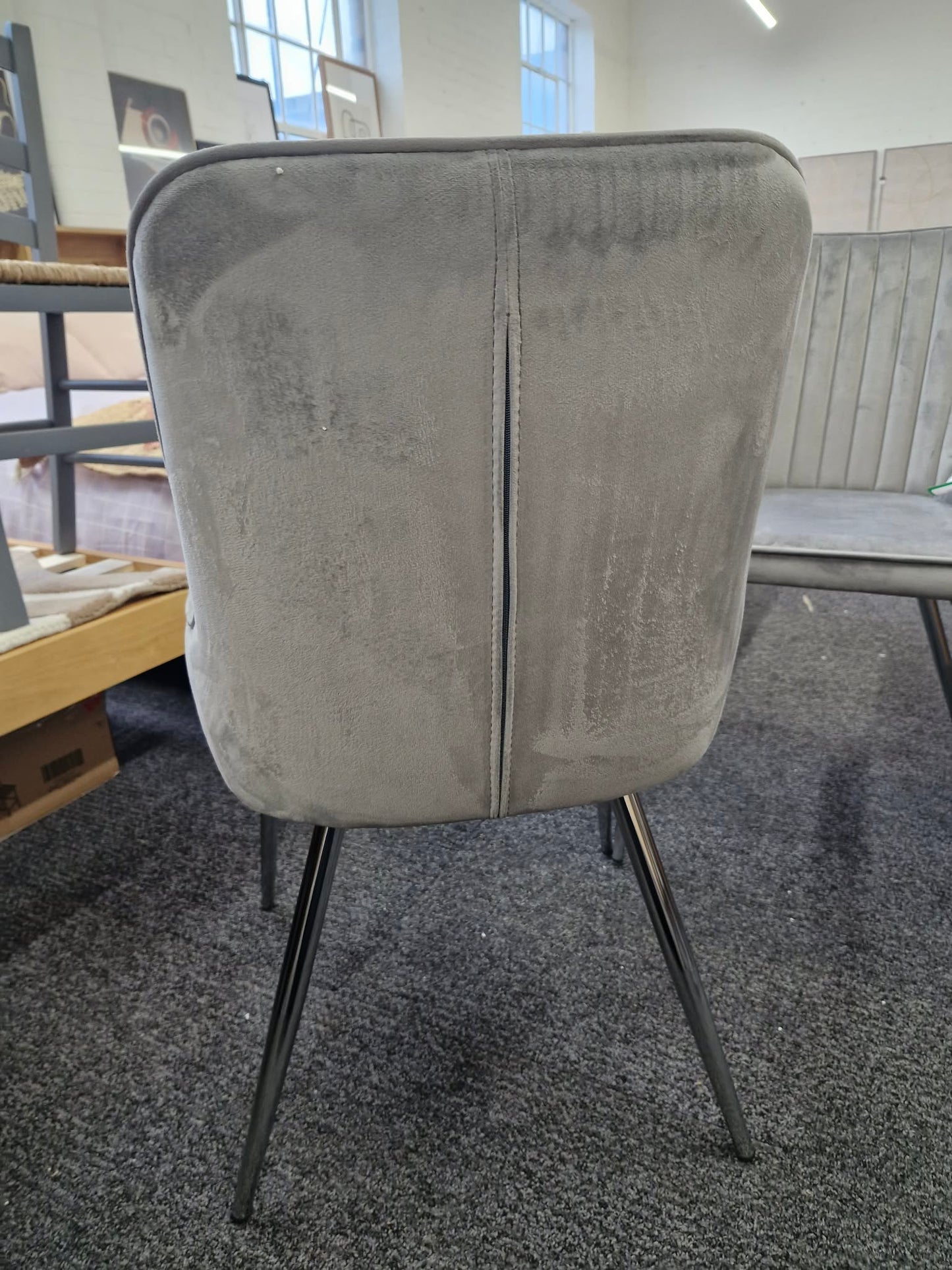 Grey Velvet and Chrome Metal Legs / Set of 2 dining chairs