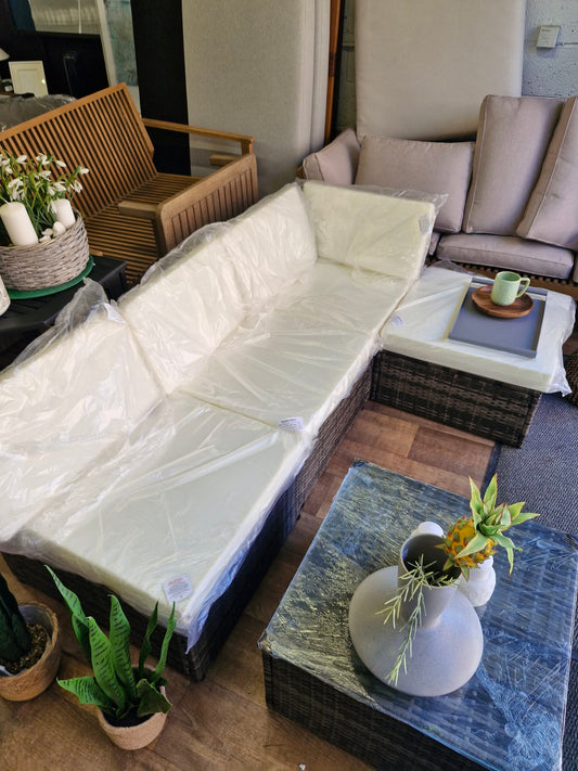 Outdoor Garden Brown and Cream 4 Seater Corner Sofa and Coffee Table