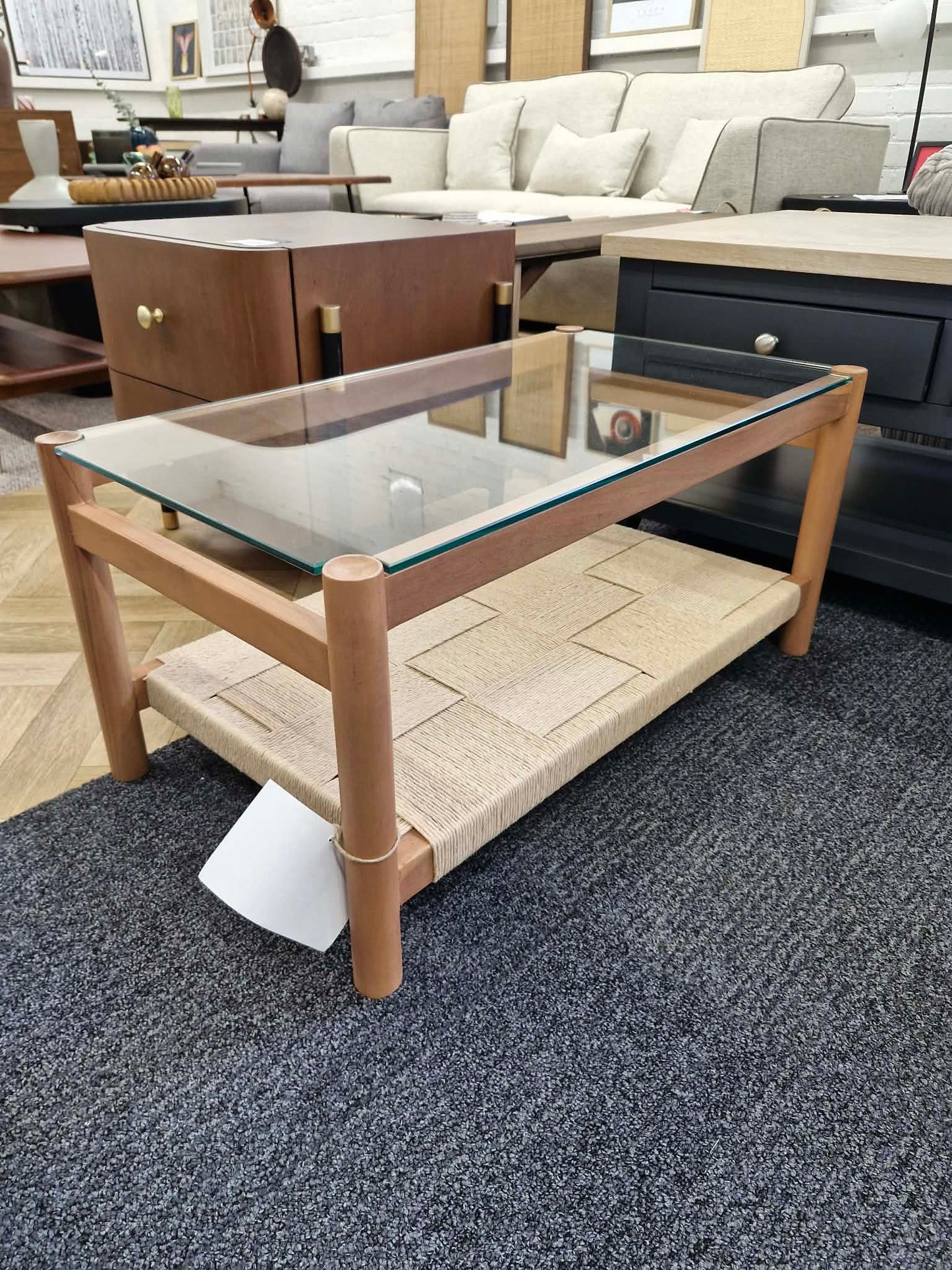 Solid Wood, Glass and Woven Rope Coffee Table with Storage Shelf