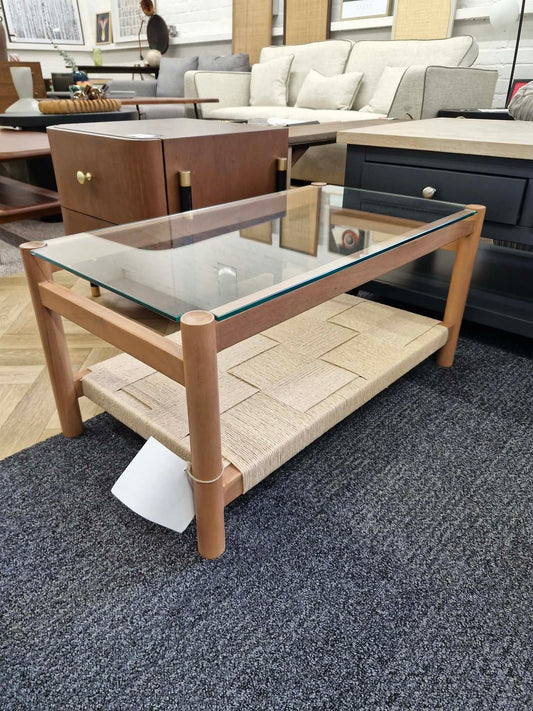 Solid Wood, Glass and Woven Rope Coffee Table with Storage Shelf