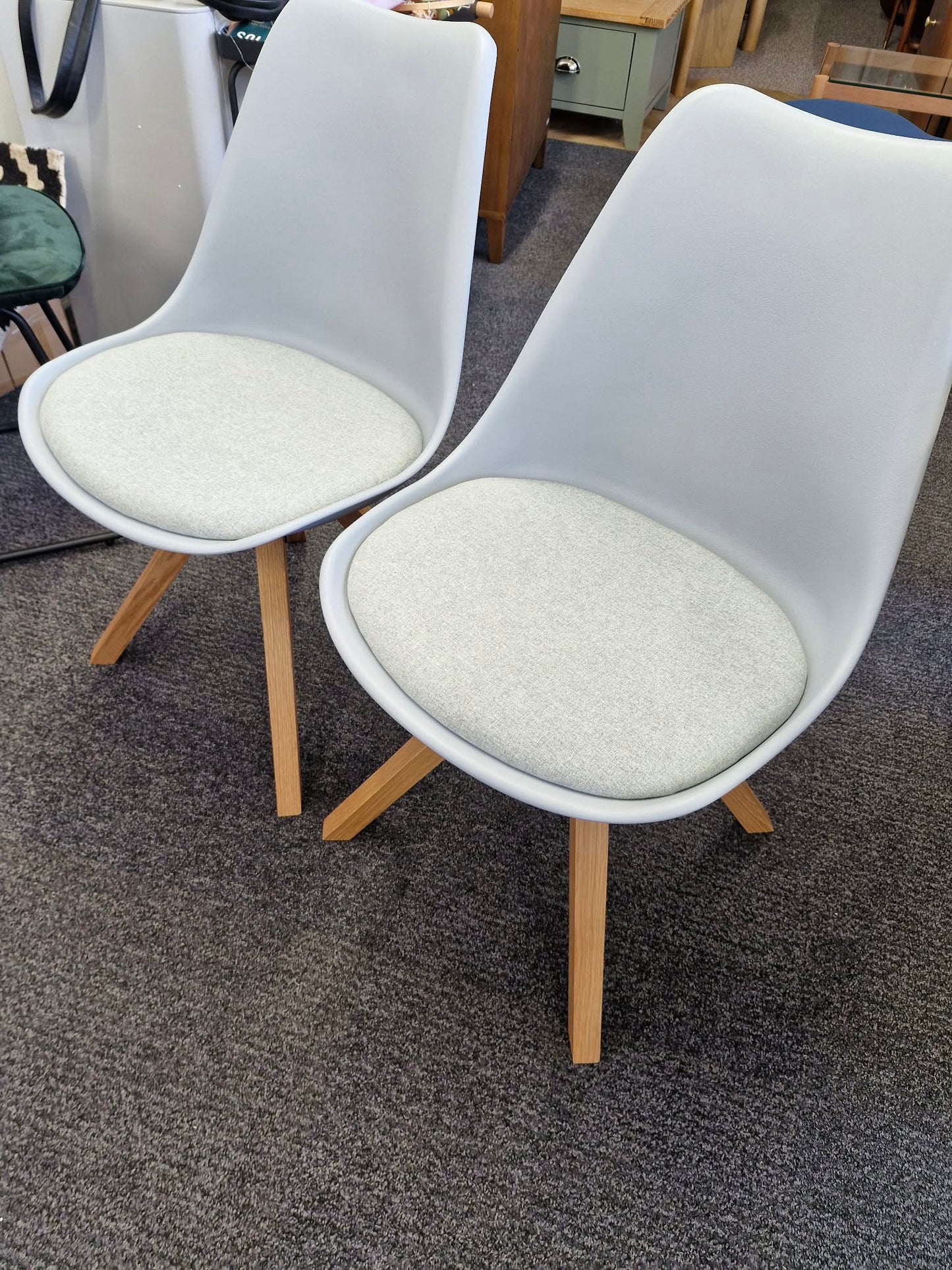 Pale Light Blue Plastic and Padded and Oak Light Wood Dining Chairs / Set of 2