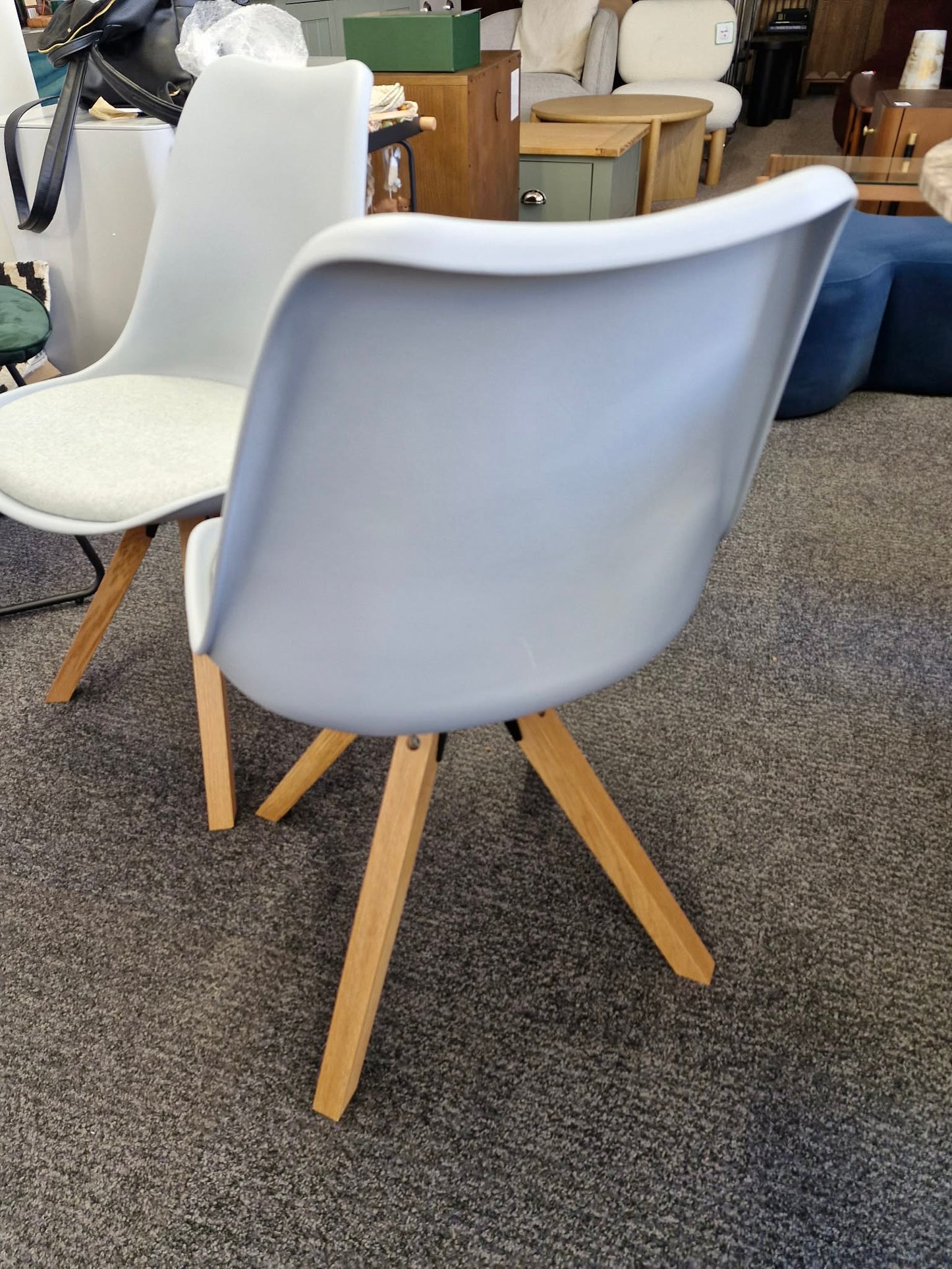 Pale Light Blue Plastic and Padded and Oak Light Wood Dining Chairs / Set of 2
