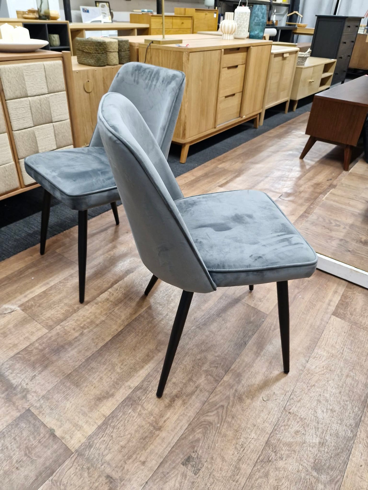 Dark Grey Charcoal Velvet and Black Metal Legs Dining Chairs / Set of 2