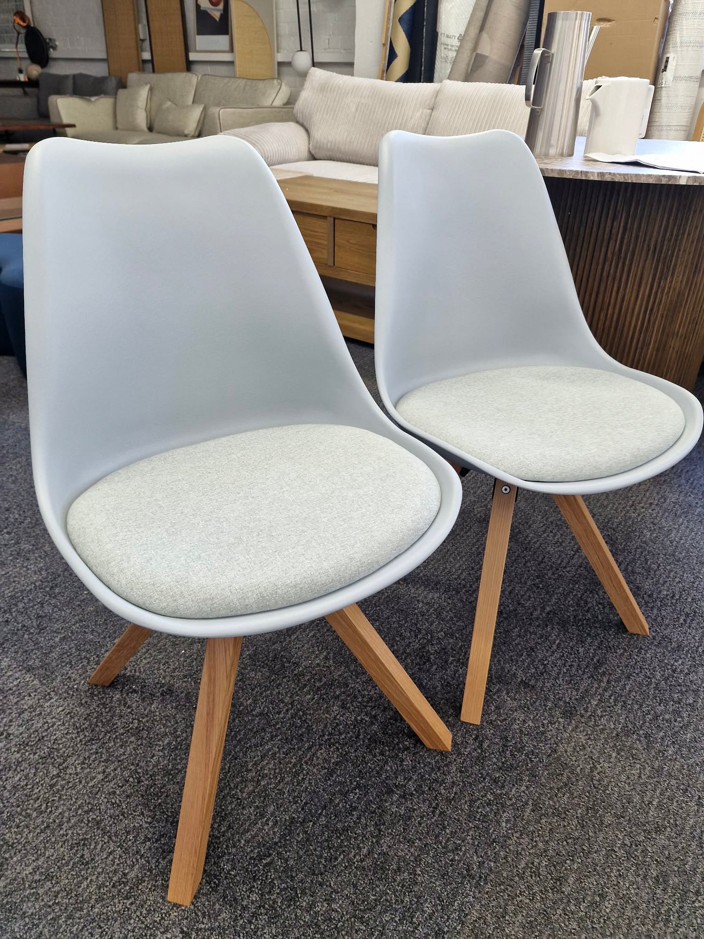 Pale Light Blue Plastic and Padded and Oak Light Wood Dining Chairs / Set of 2