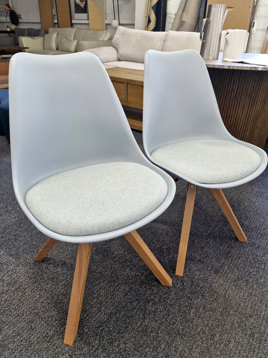 Pale Light Blue Plastic and Padded and Oak Light Wood Dining Chairs / Set of 2