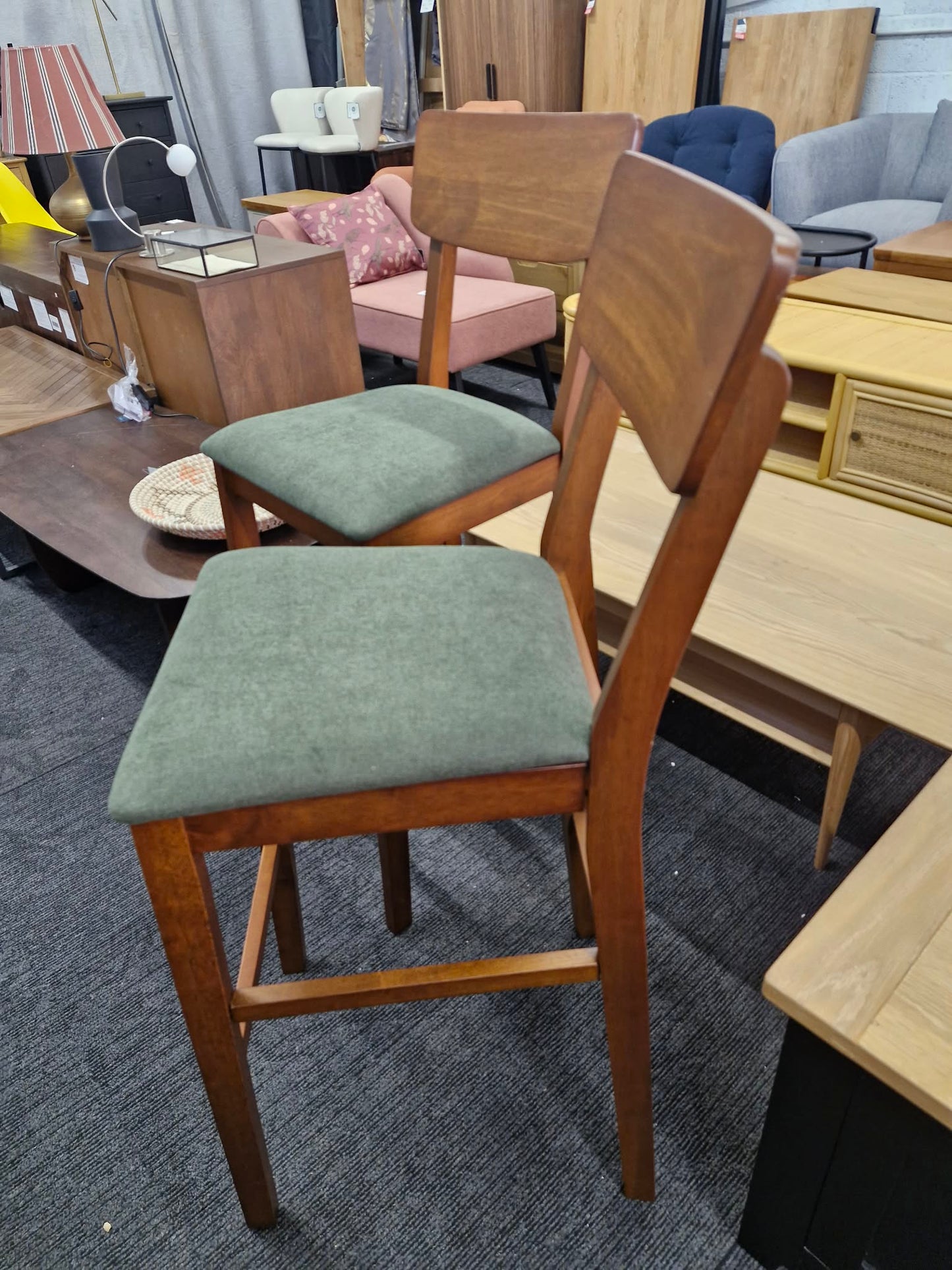 Bar Stools Dark woor and dark green fabric / Set of 2