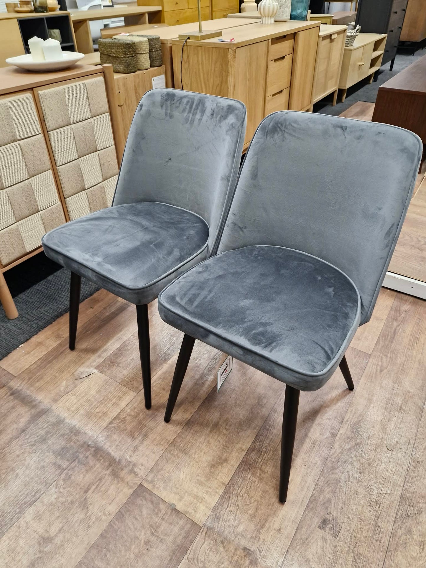 Dark Grey Charcoal Velvet and Black Metal Legs Dining Chairs / Set of 2