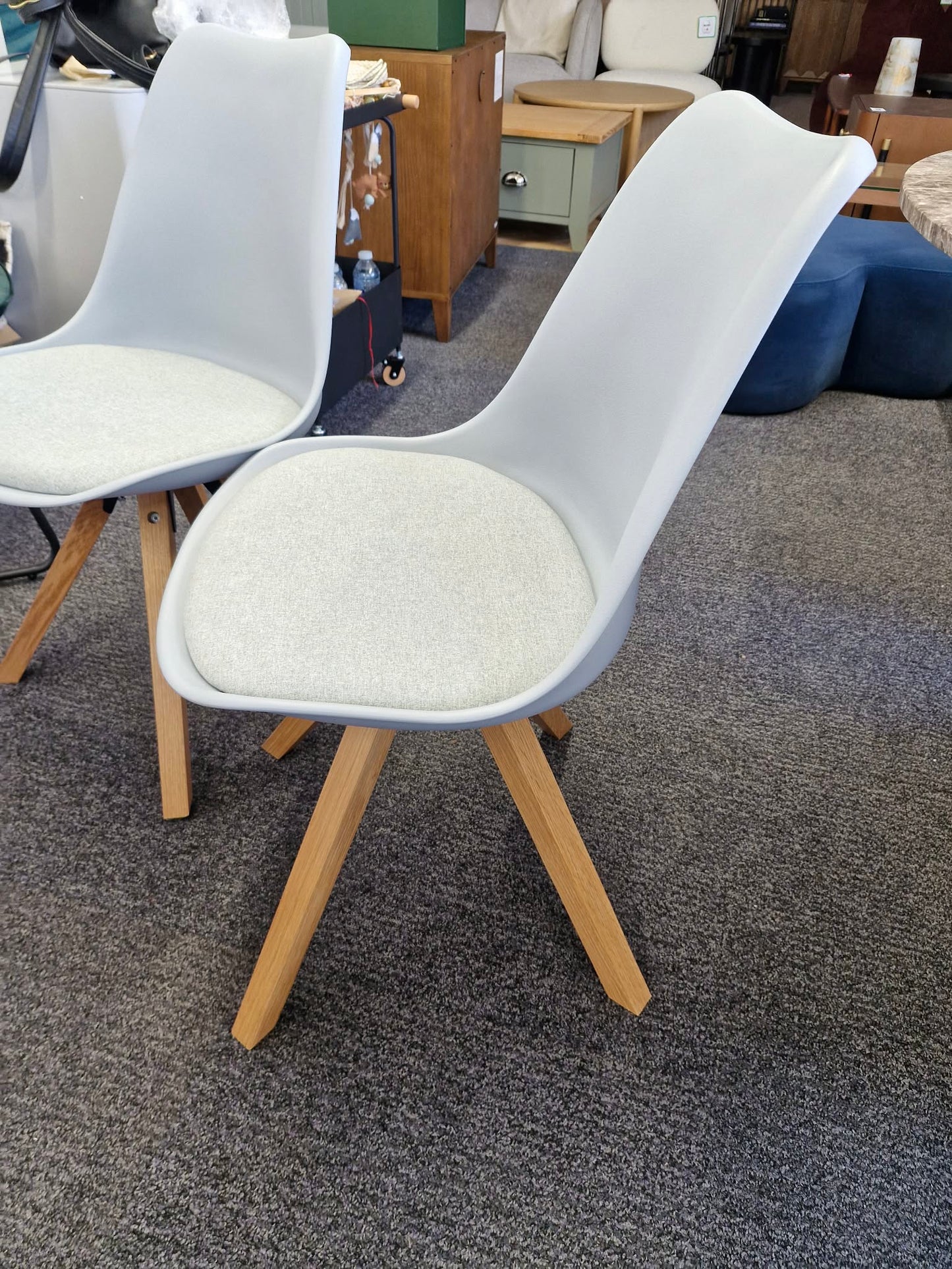 Pale Light Blue Plastic and Padded and Oak Light Wood Dining Chairs / Set of 2