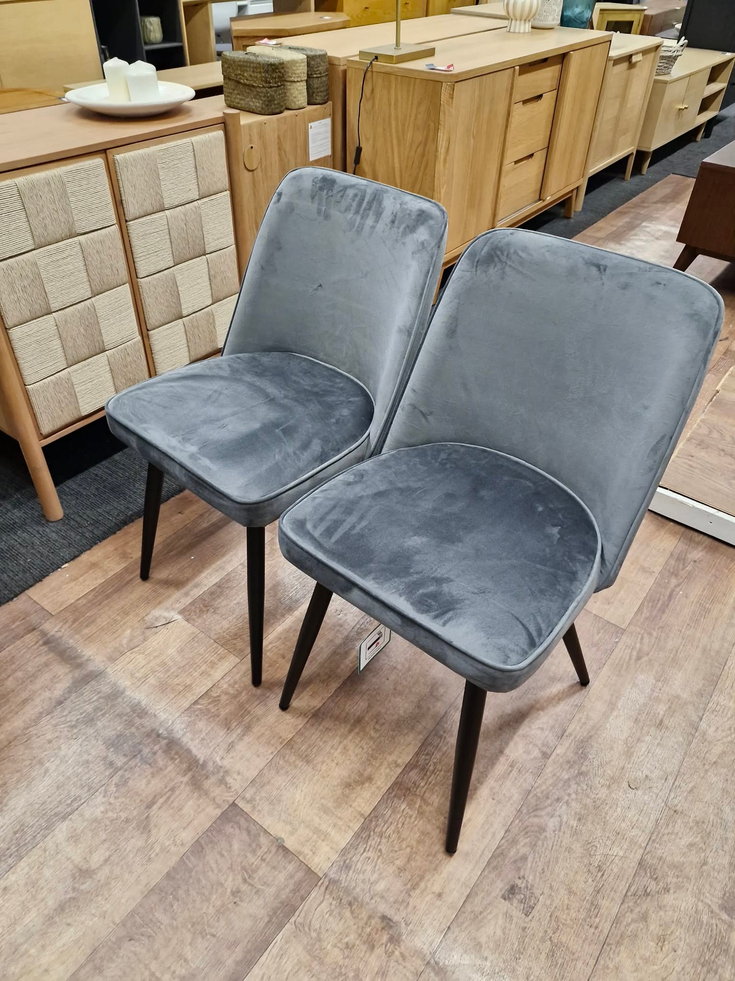 Dark Grey Charcoal Velvet and Black Metal Legs Dining Chairs / Set of 2