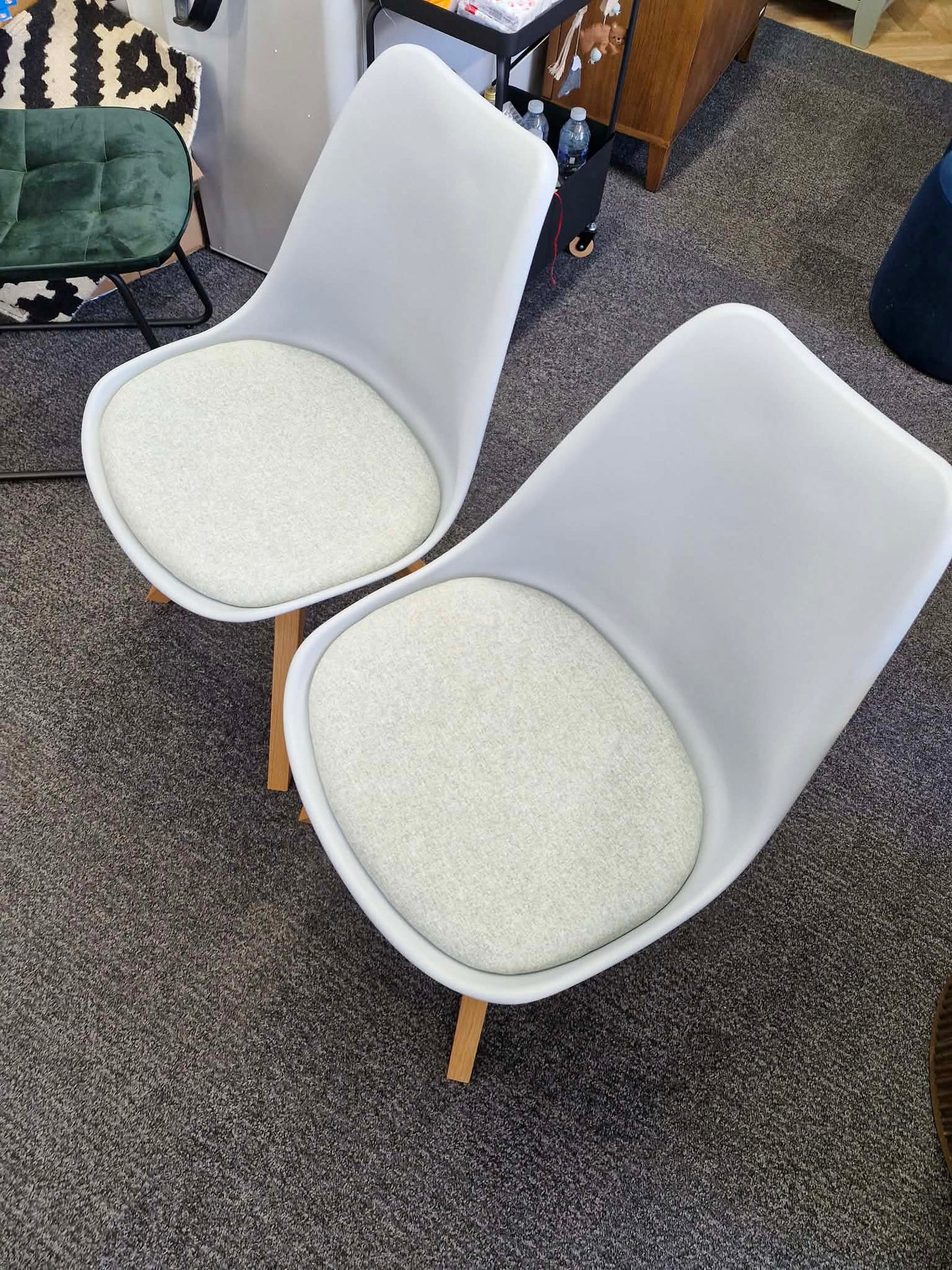 Pale Light Blue Plastic and Padded and Oak Light Wood Dining Chairs / Set of 2