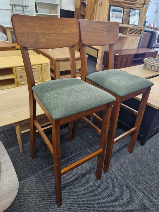 Bar Stools Dark woor and dark green fabric / Set of 2
