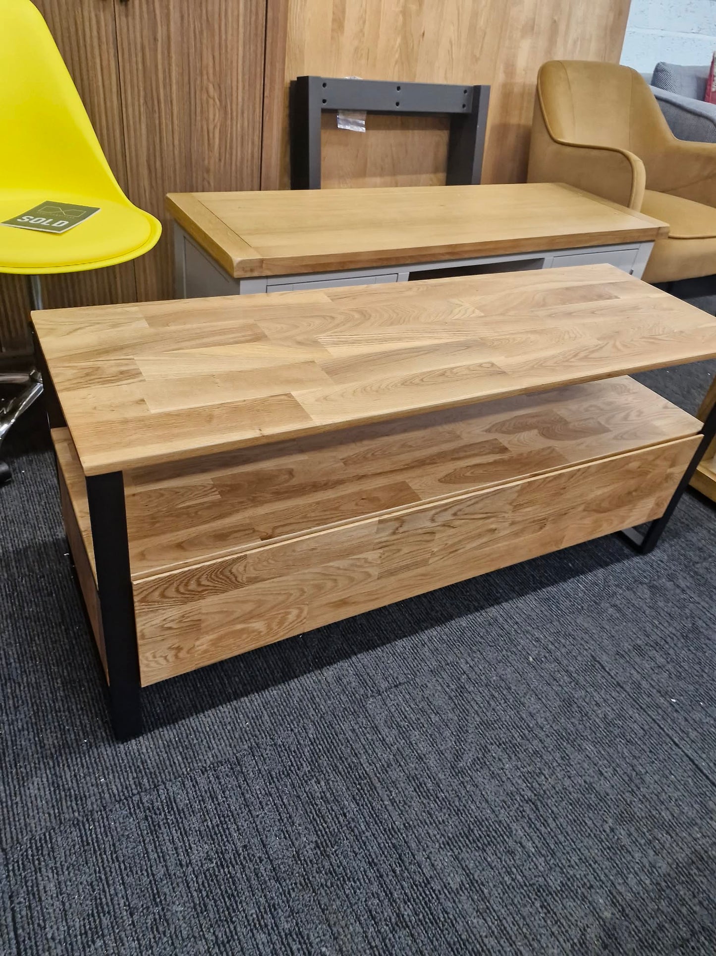 Solid Oak and Black Metal Steel TV Stand with storage  / Industrial Style
