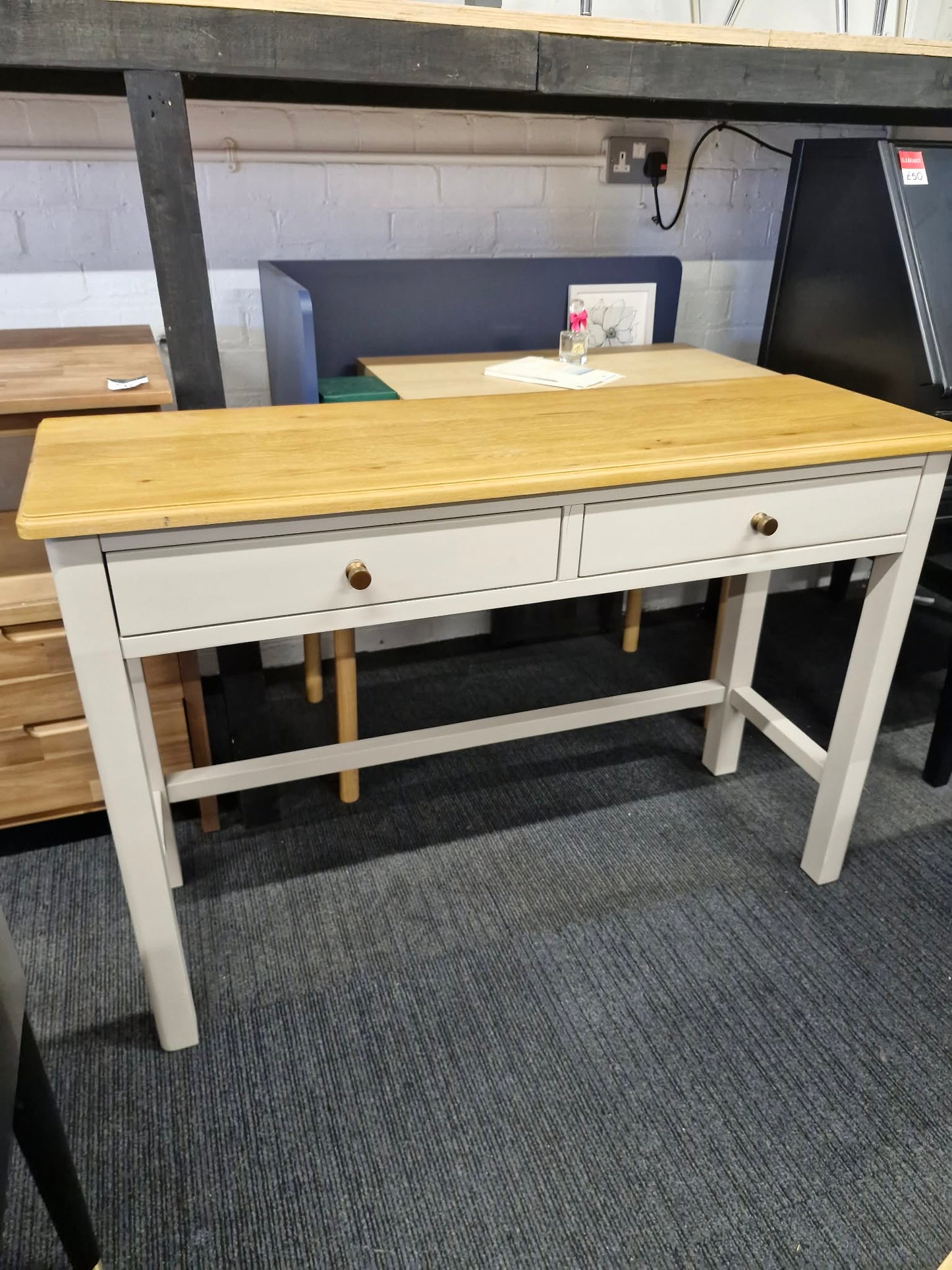 Grey and Solid Oak Large Console Table with 2 drawers / Desk / Vanity Dressing Make Up Table