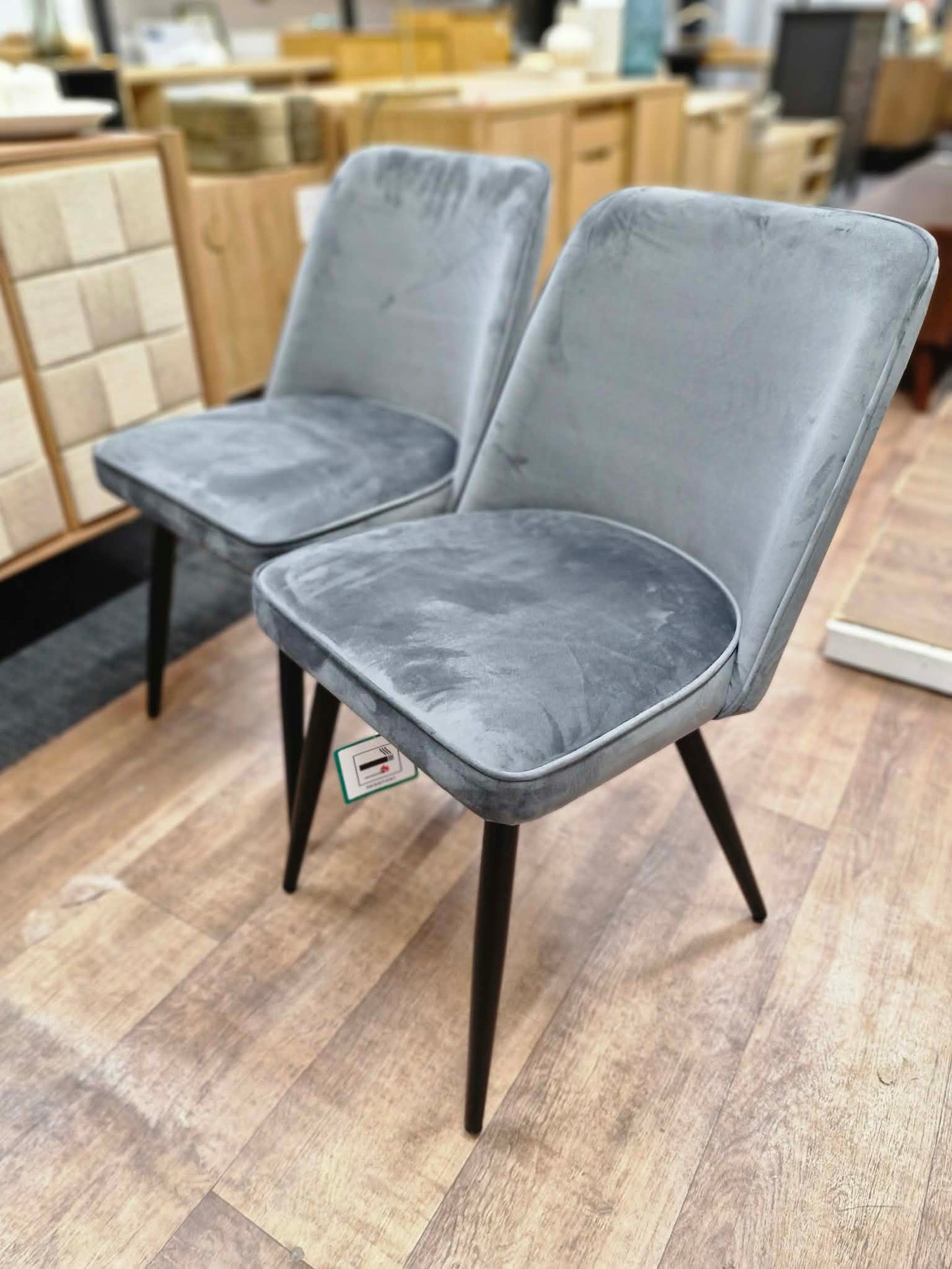 Dark Grey Charcoal Velvet and Black Metal Legs Dining Chairs / Set of 2