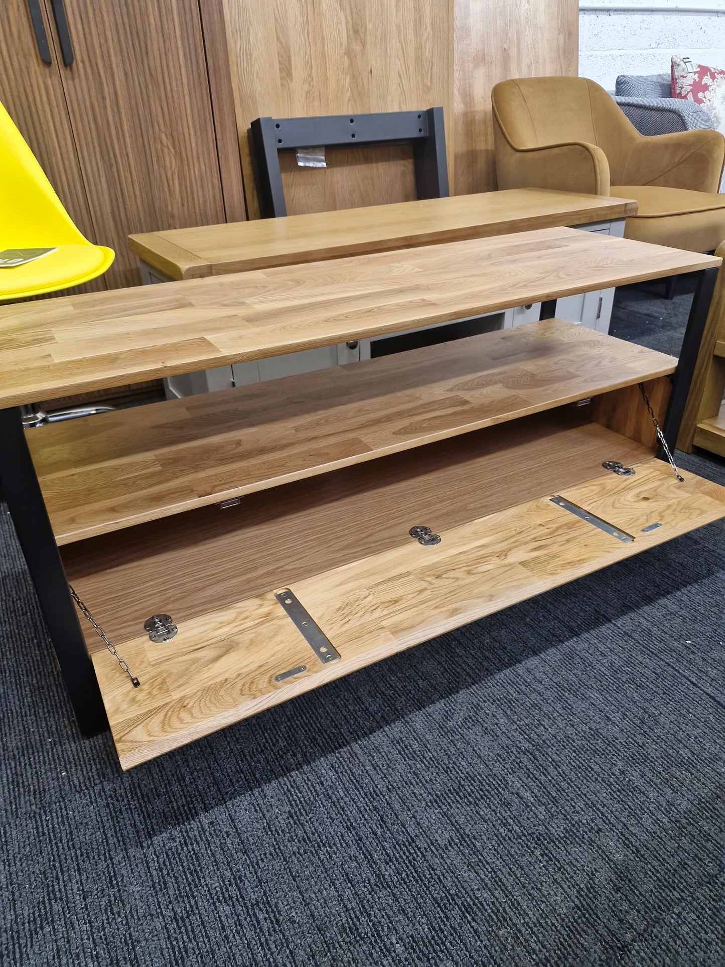Solid Oak and Black Metal Steel TV Stand with storage  / Industrial Style
