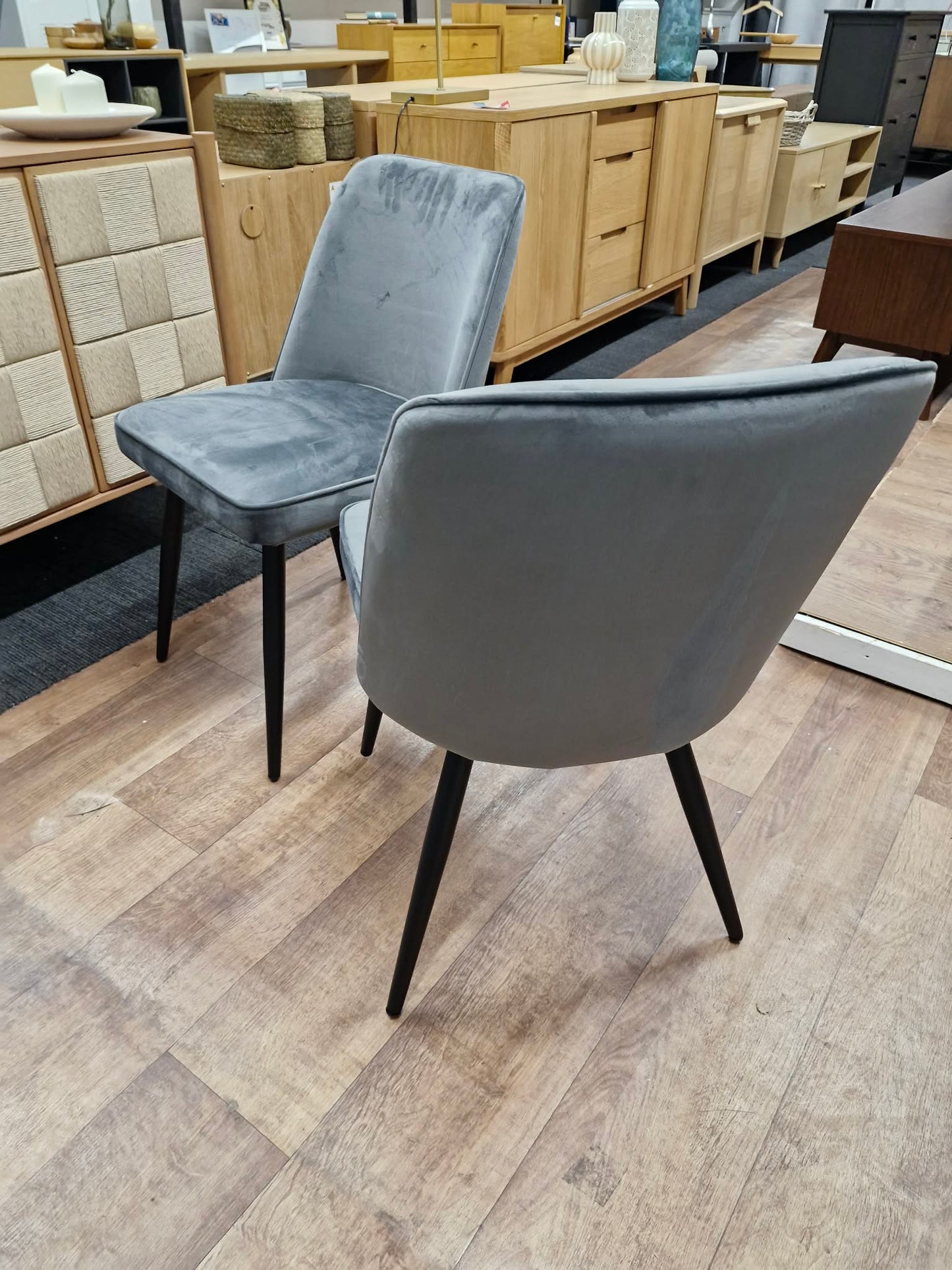 Dark Grey Charcoal Velvet and Black Metal Legs Dining Chairs / Set of 2