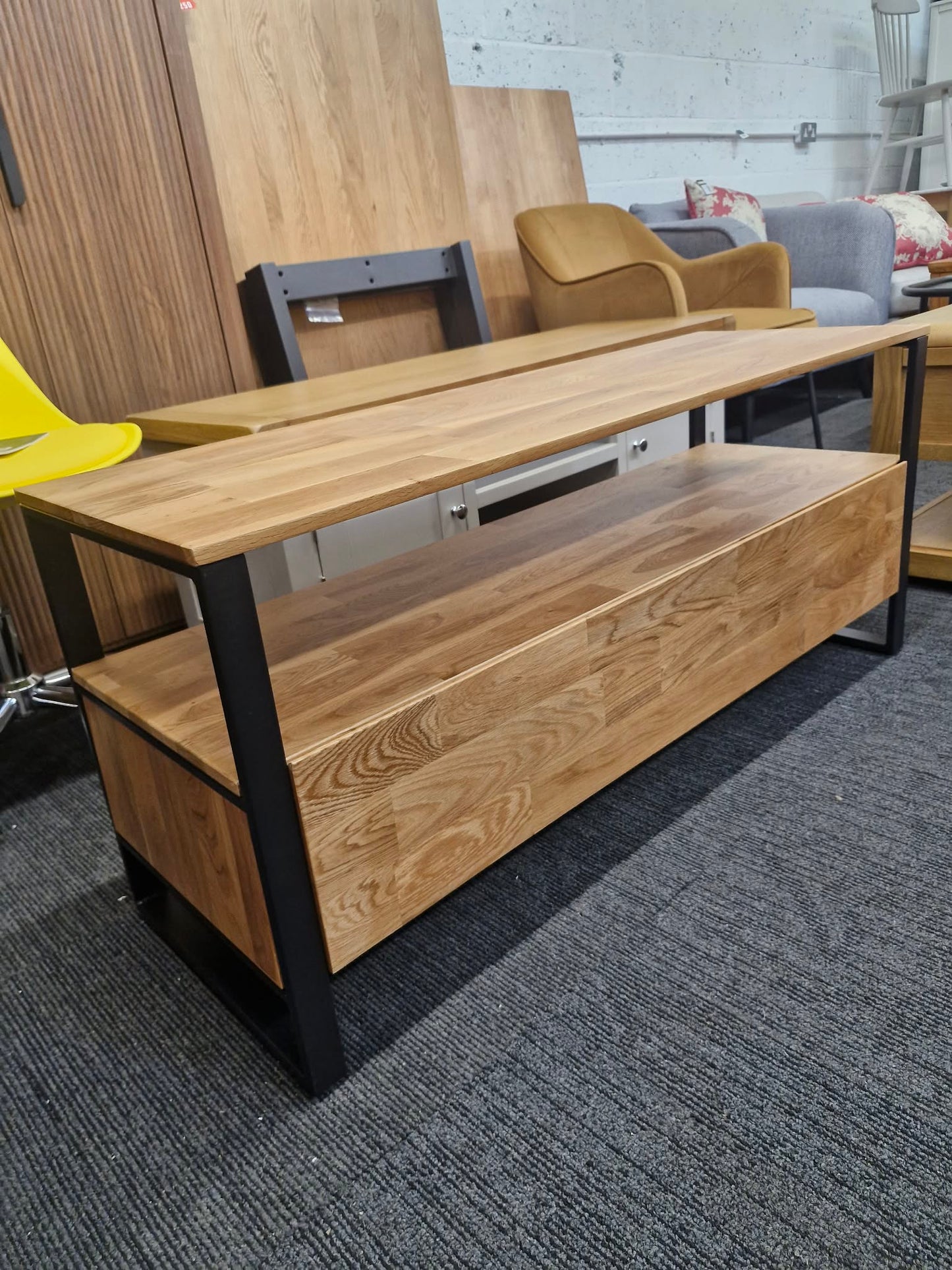 Solid Oak and Black Metal Steel TV Stand with storage  / Industrial Style