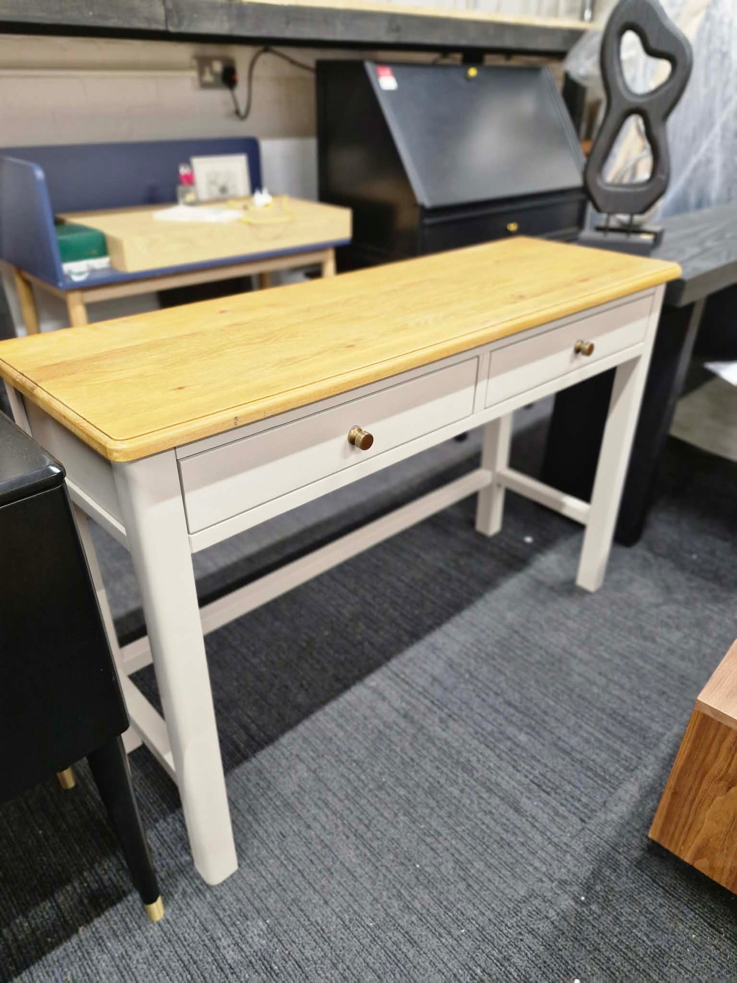 Grey and Solid Oak Large Console Table with 2 drawers / Desk / Vanity Dressing Make Up Table