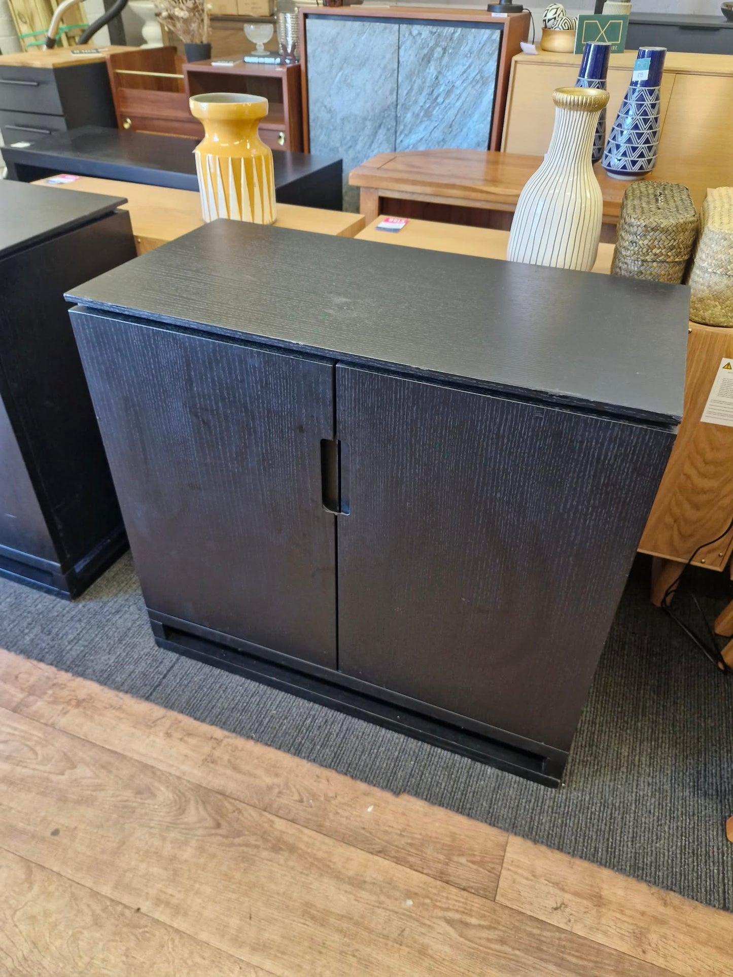 Black Small Cabinet with 2 doors and metal legs / Small Sideboard Cupboard