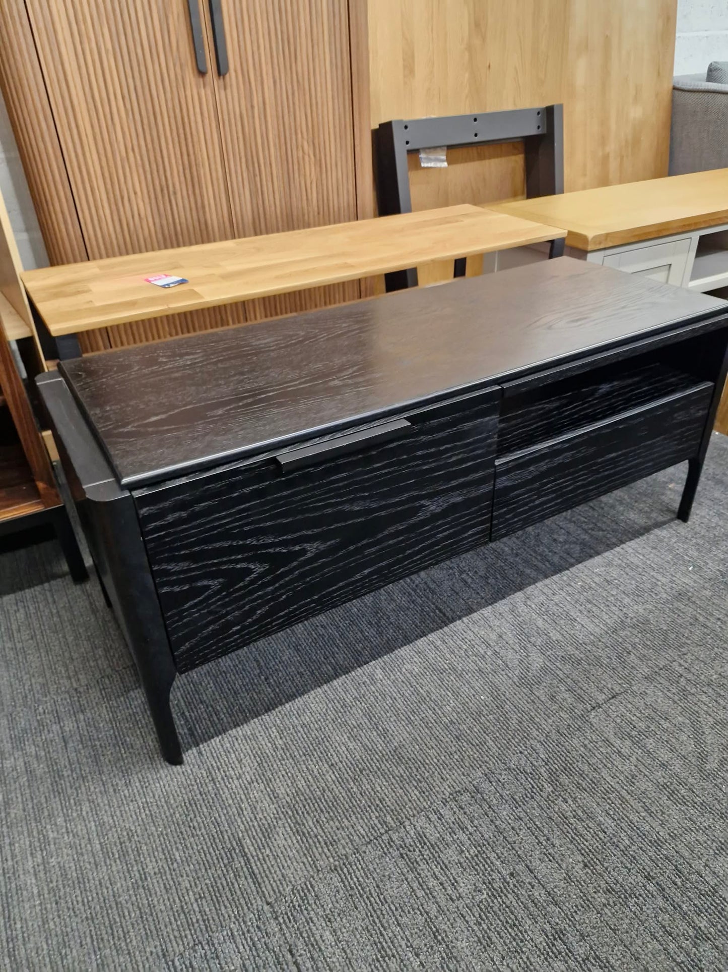 Black Wooden TV Stand Unit with drawer, doors and open shelf