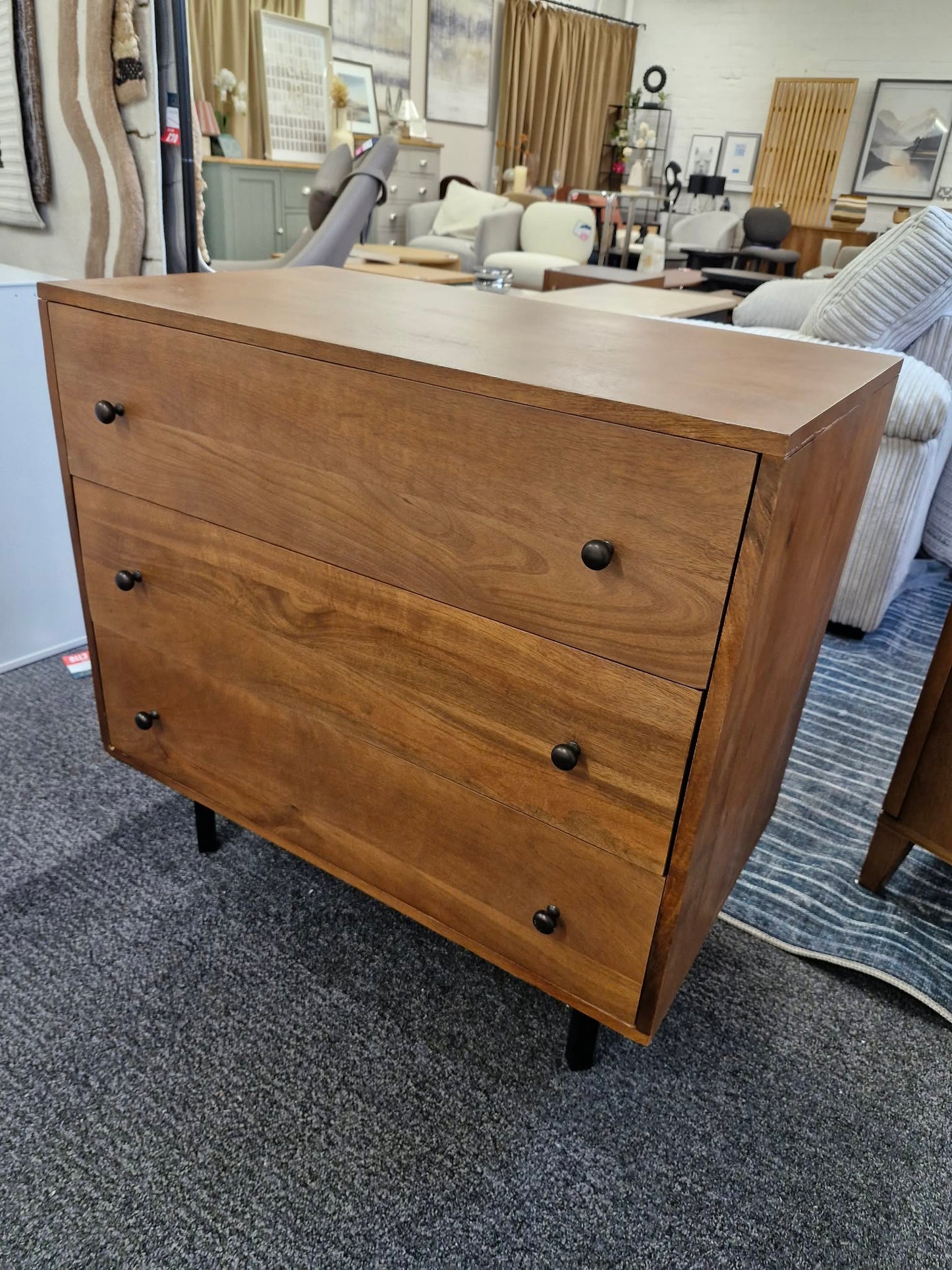 Solid Dark Mango Wood Chest of Drawers with Black Metal / Small Cabinet