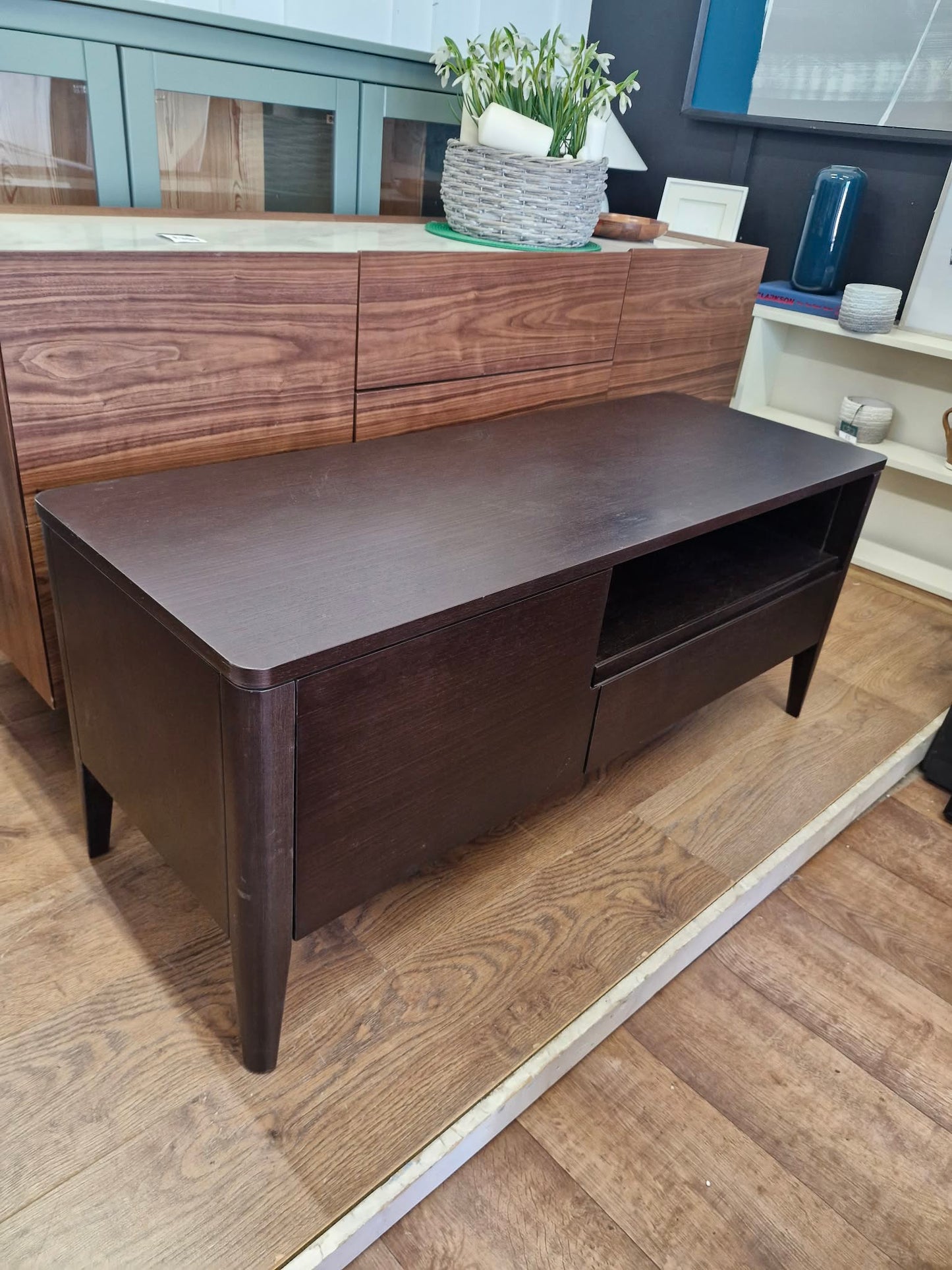 Dark Wood TV Stand Unit with drawer, doors and open shelf