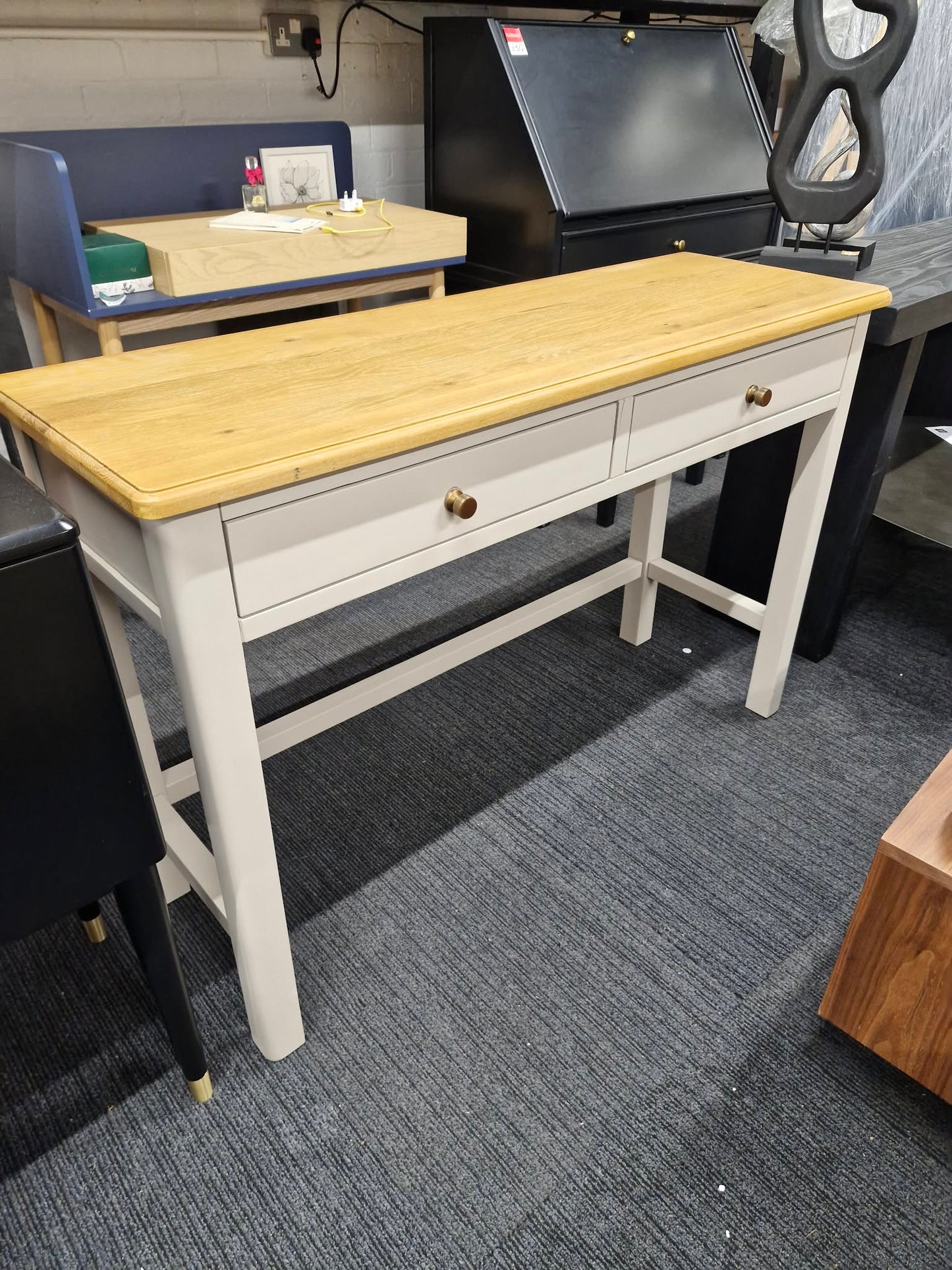 Grey and Solid Oak Large Console Table with 2 drawers / Desk / Vanity Dressing Make Up Table