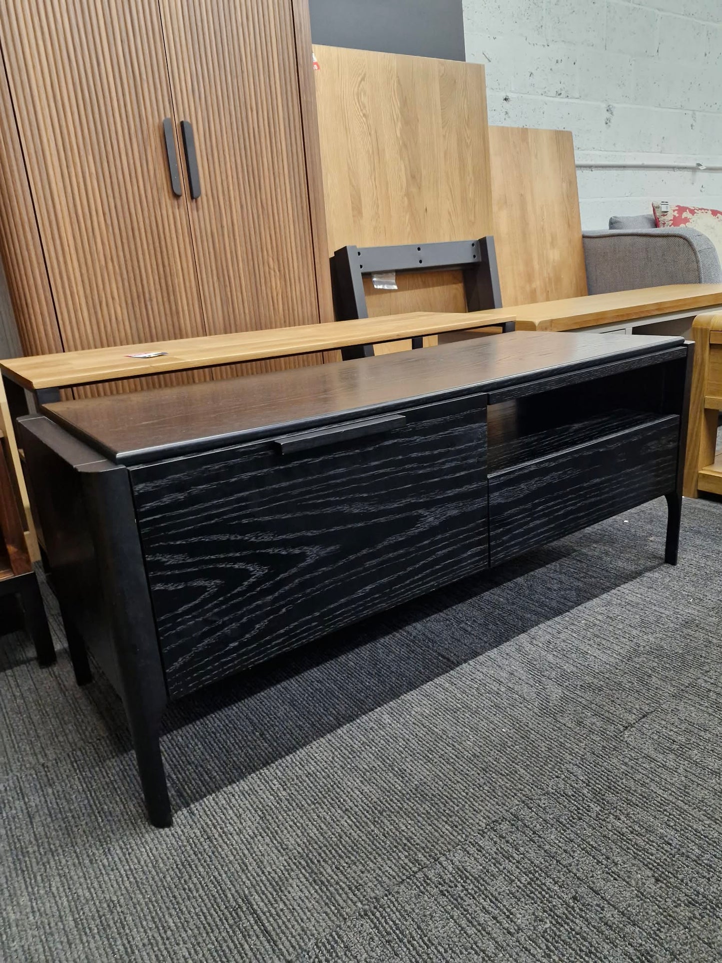 Black Wooden TV Stand Unit with drawer, doors and open shelf