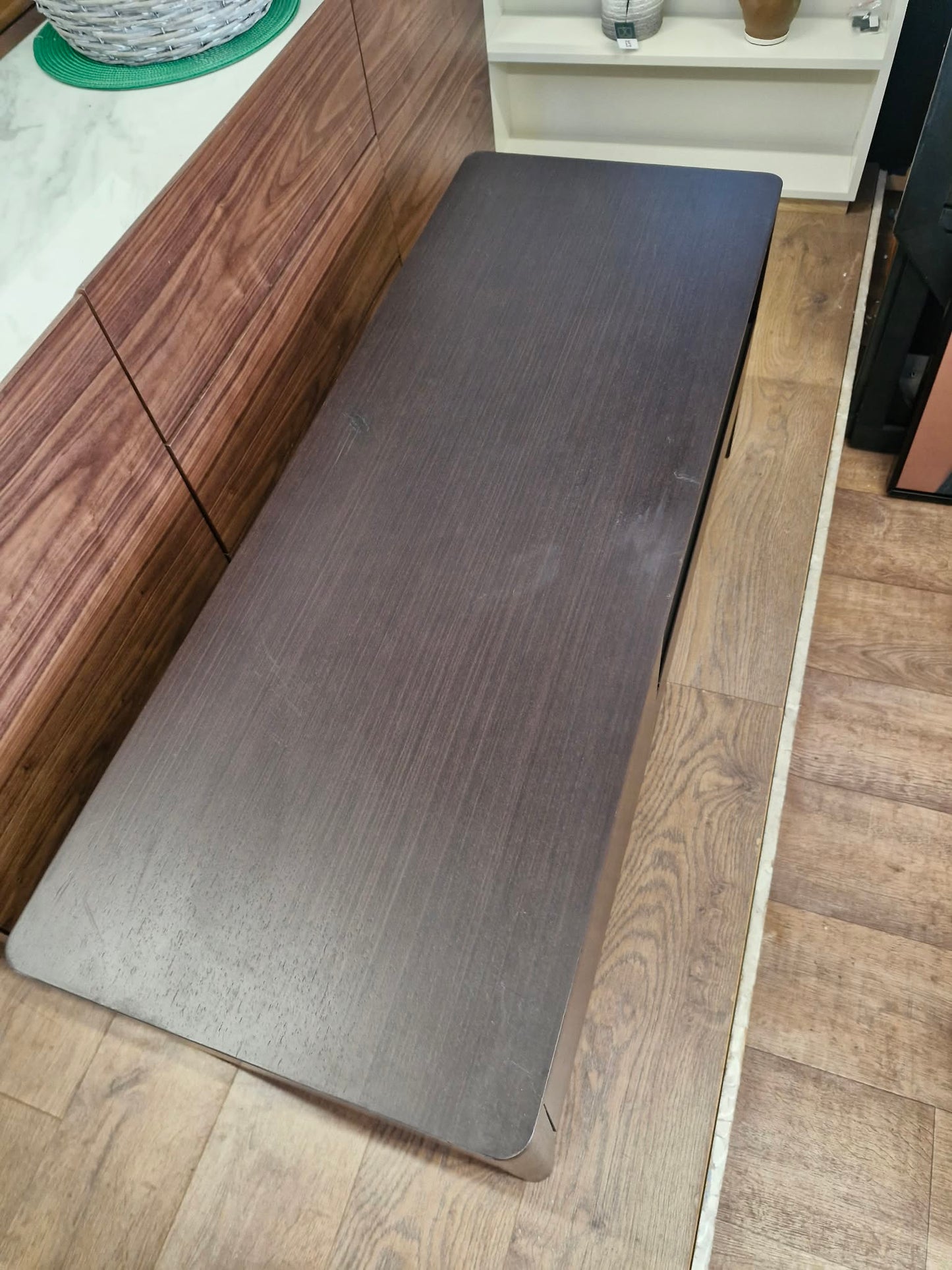 Dark Wood TV Stand Unit with drawer, doors and open shelf