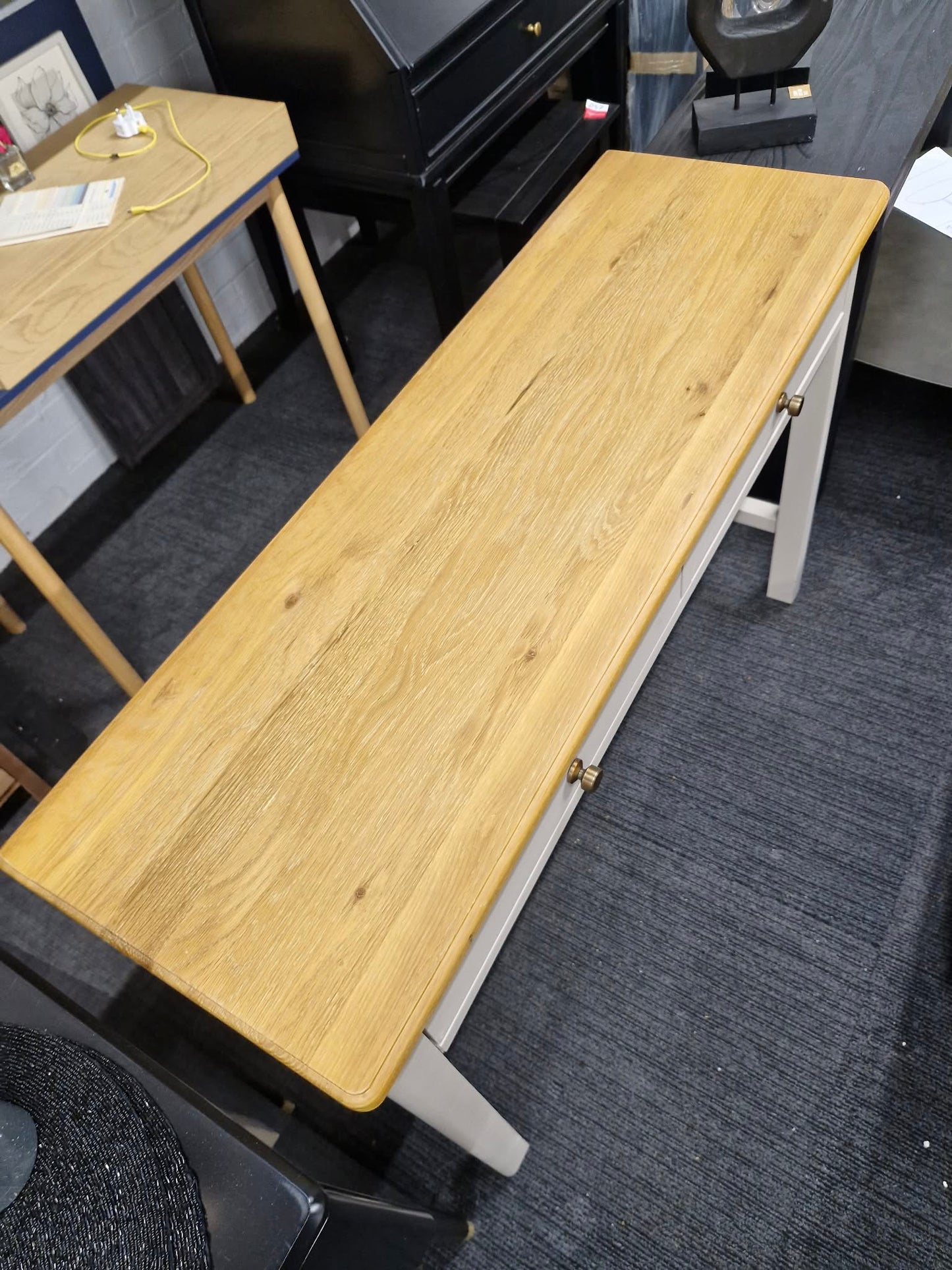 Grey and Solid Oak Large Console Table with 2 drawers / Desk / Vanity Dressing Make Up Table