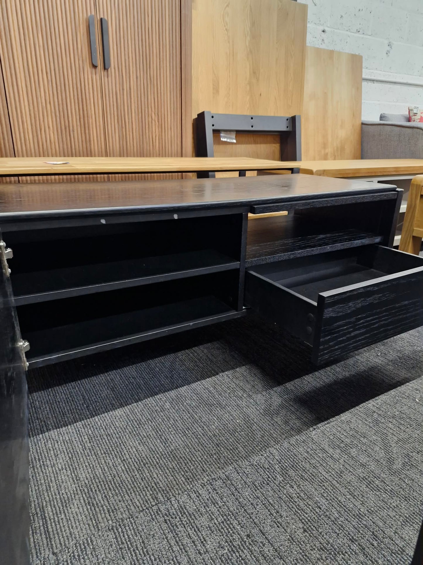 Black Wooden TV Stand Unit with drawer, doors and open shelf