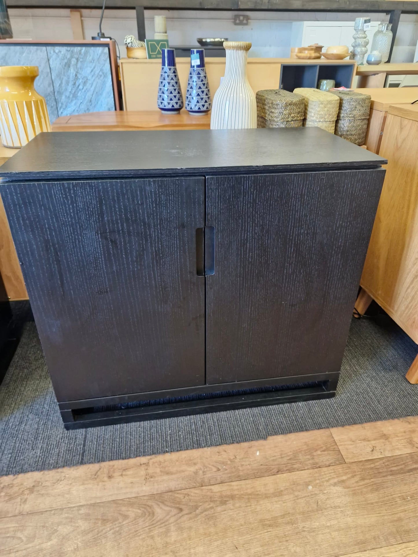 Black Small Cabinet with 2 doors and metal legs / Small Sideboard Cupboard