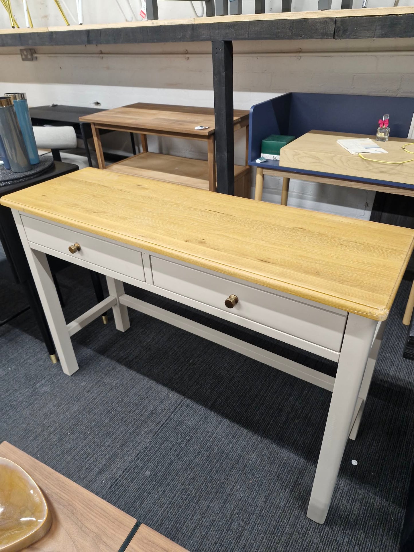 Grey and Solid Oak Large Console Table with 2 drawers / Desk / Vanity Dressing Make Up Table