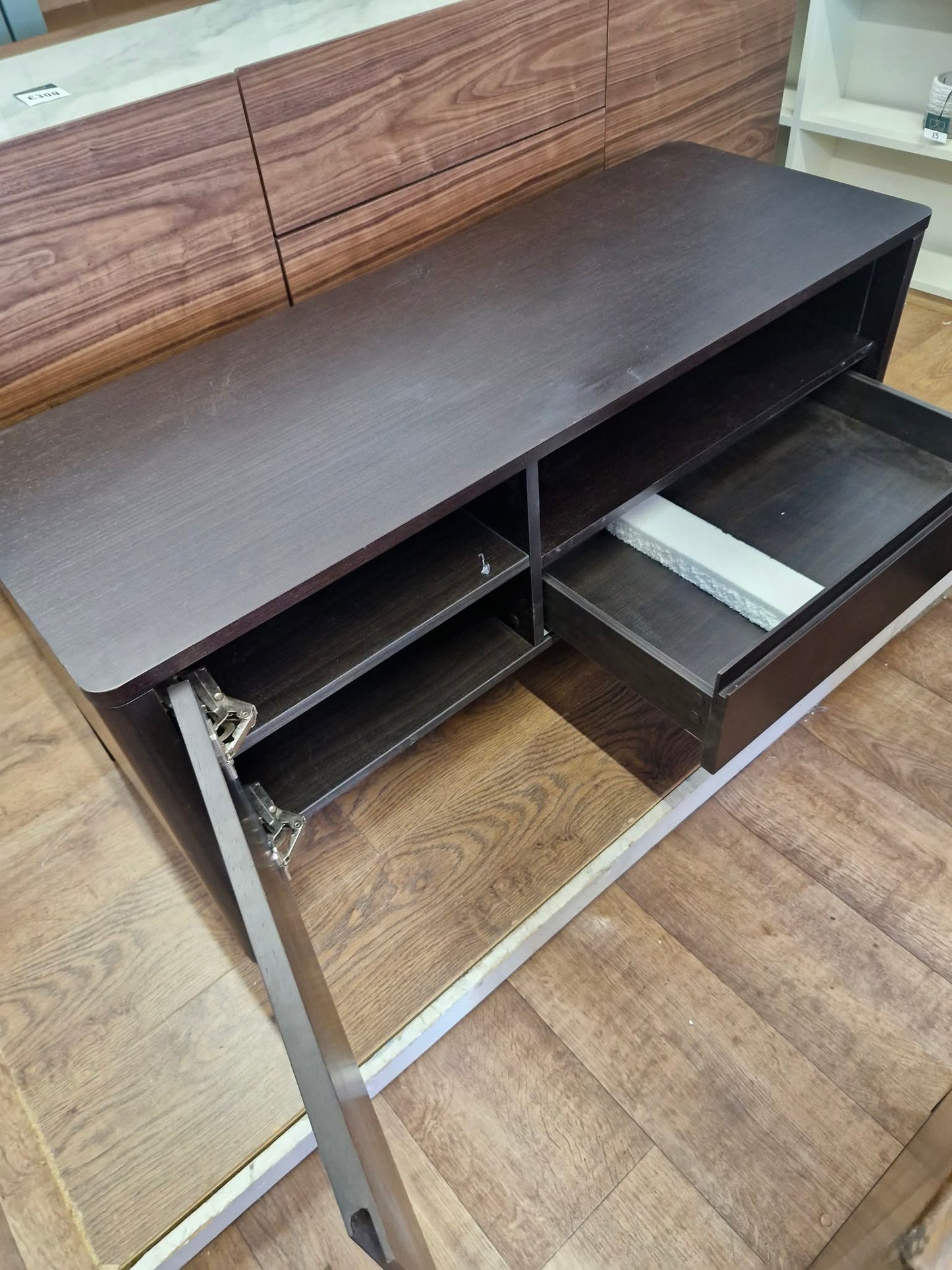 Dark Wood TV Stand Unit with drawer, doors and open shelf